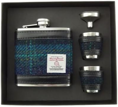 Dark Blue Turquoise Tartan Harris Tweed 6oz Stainless Steel Hip Flask Cup Set