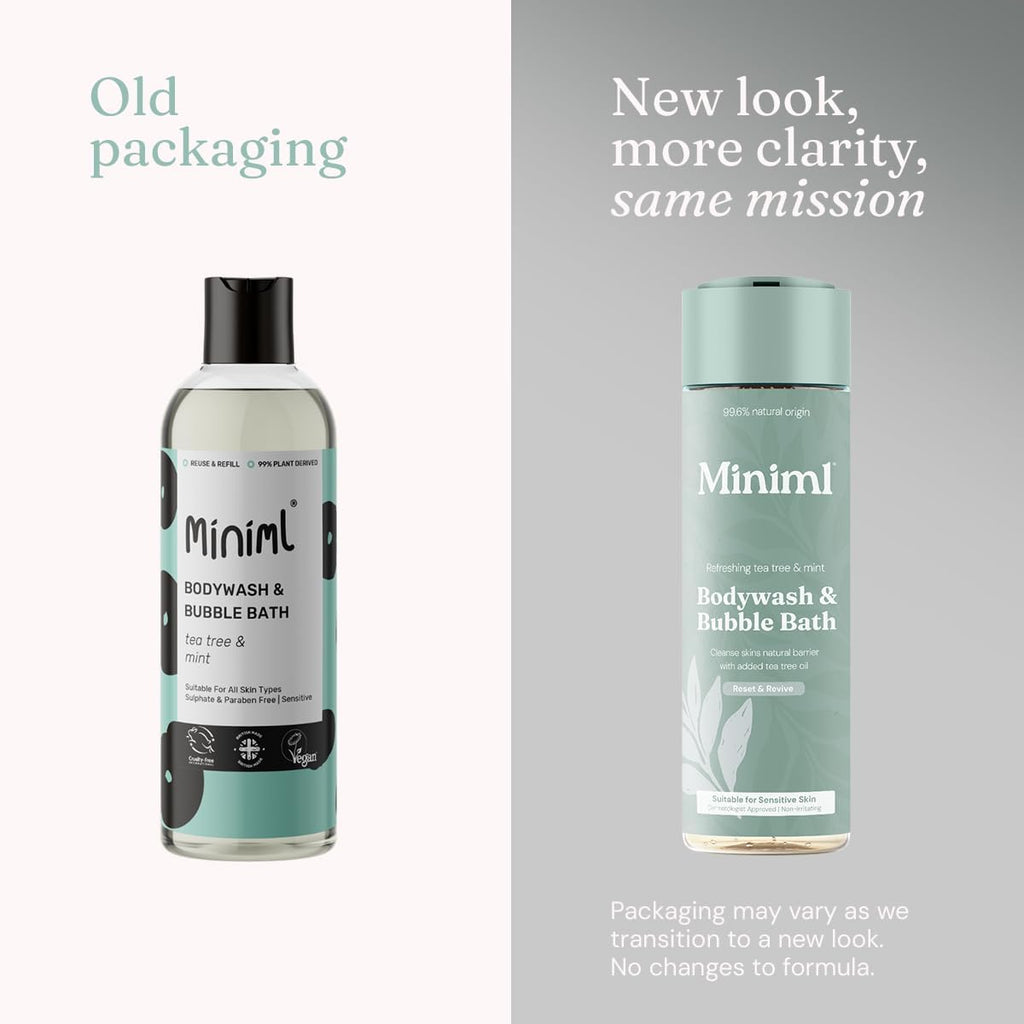 Miniml All Natural Body Wash and Bubble Bath - 5L Refill Moisturising Tea Tree and Mint Sensitive Skin Eco Shower Gel Bath Soak - Vegan Friendly Hand, Face & Body High Foam Scrub