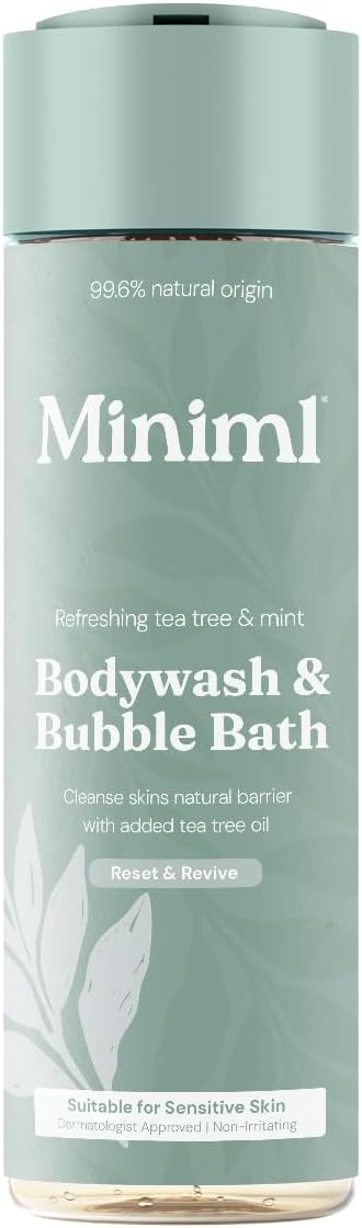 Miniml All Natural Body Wash and Bubble Bath - 5L Refill Moisturising Tea Tree and Mint Sensitive Skin Eco Shower Gel Bath Soak - Vegan Friendly Hand, Face & Body High Foam Scrub