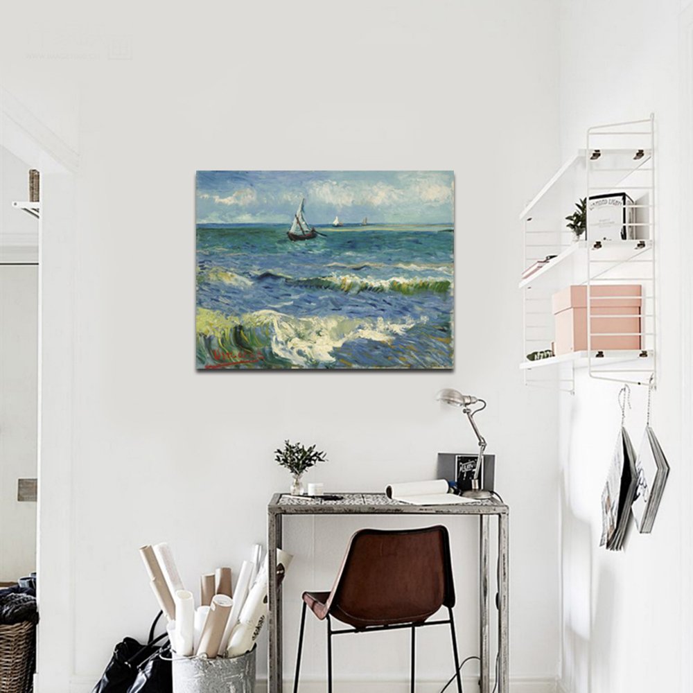Wieco Art - Seascape at Saintes Maries by Vincent Van Gogh Oil Paintings Reproduction Classical Giclee Canvas Prints Artwork Ocean Pictures Paintings on Canvas Wall Art for Bedroom Home Decorations
