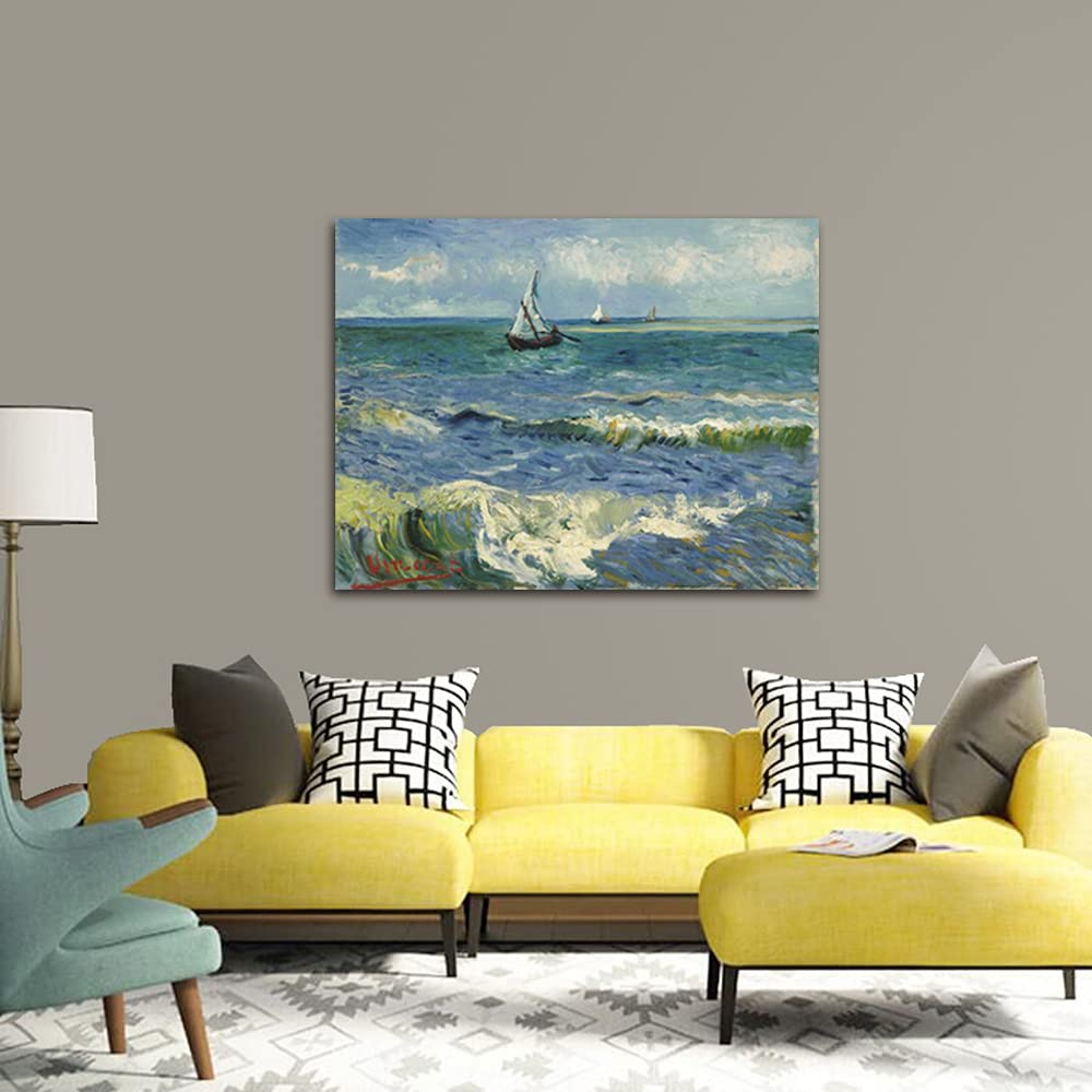Wieco Art - Seascape at Saintes Maries by Vincent Van Gogh Oil Paintings Reproduction Classical Giclee Canvas Prints Artwork Ocean Pictures Paintings on Canvas Wall Art for Bedroom Home Decorations