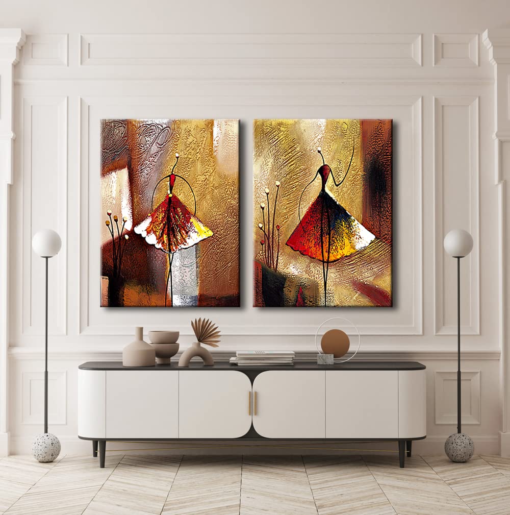 Wieco Art - Ballet Dancers 2 Piece Modern Decorative artwork 100% Hand Painted Contemporary Abstract Oil paintings on Canvas Wall Art Ready to Hang for Home Decoration Wall Decor