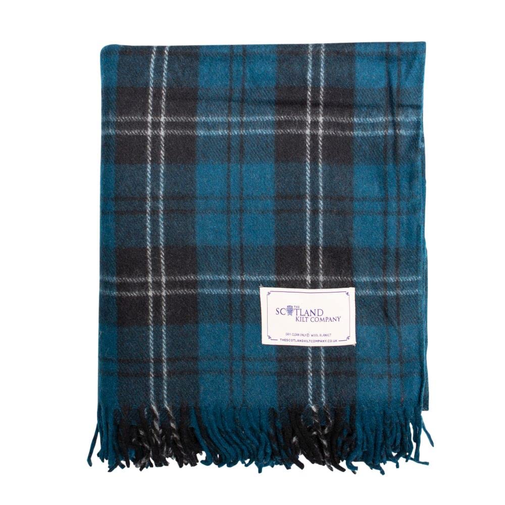 The Scotland Kilt Company Picnic Rug Scottish Tartan Throw in Ramsay Blue - Warm 100% Wool Travel Blanket with Fringed Edges - 60 x 70”