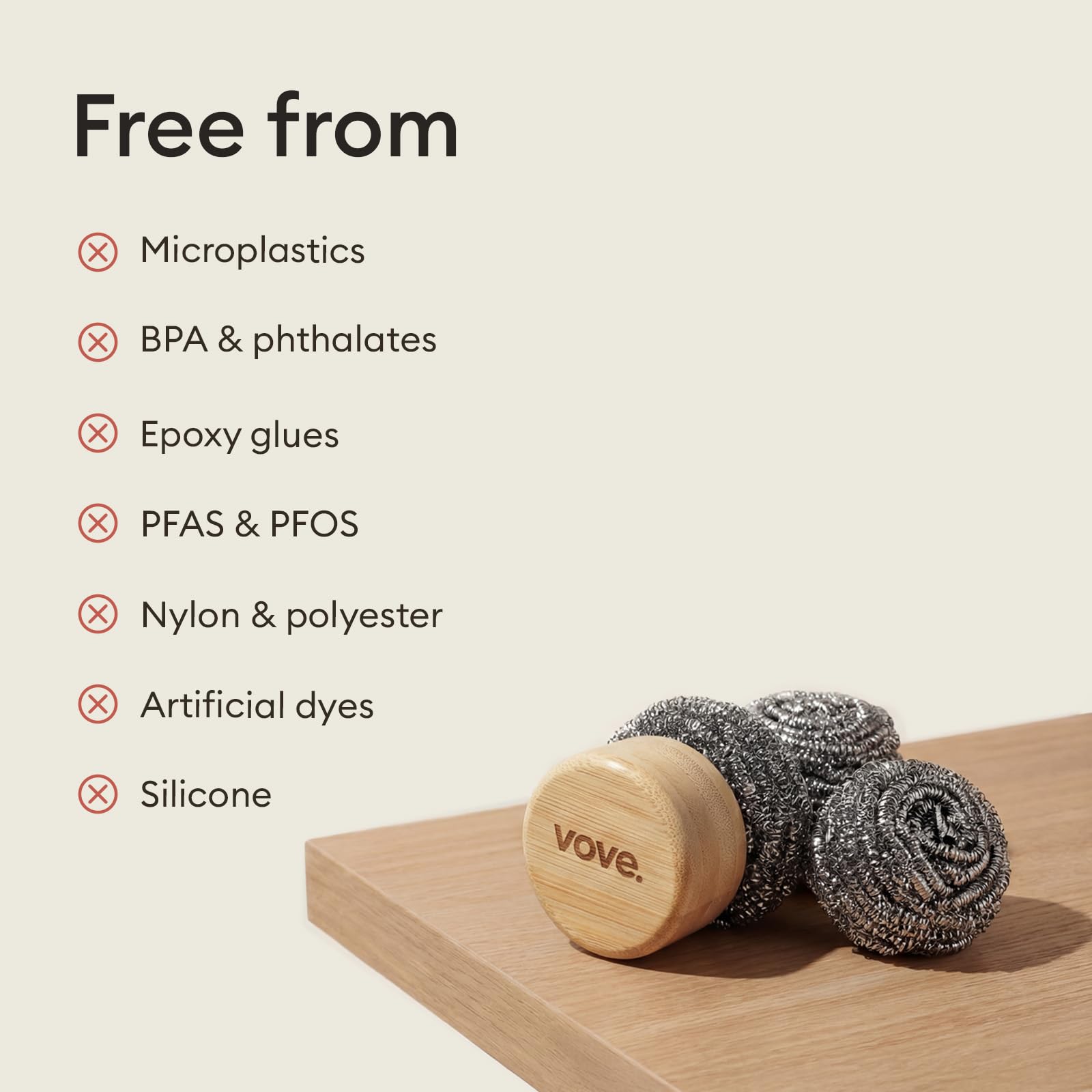 Vove Magnetic Scourer – Rust-Free Stainless Steel Scrubber with FSC-Certified Bamboo Handle, 3 Replacement Pads, for Cast Iron, Pots & Pans, Plastic-Free Zero Waste Washing Up Tool