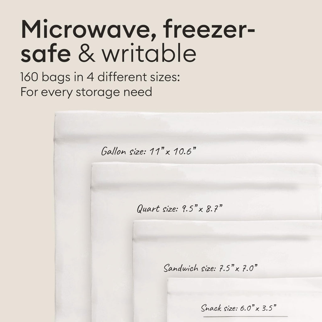 Vove Compostable Storage Bags 160 Count Variety Pack (S/M/L/XL), Plastic-Free Zip Bags for Food Storage and Meal Prep, PFAS-Free and BPI Certified, Freezer Safe Airtight Seal, Plant-Based
