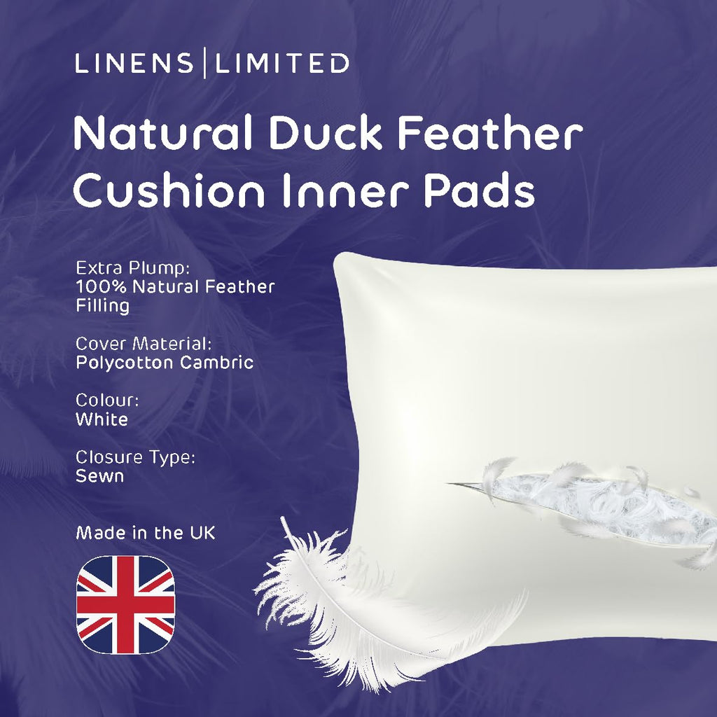 Linens Limited - Cushion Insert 50cm x 50cm, Soft & Plump Natural Duck Feather Sofa Cushion Pad, Elegant, Versatile, Easy to Clean, Large Square Cushion Inner, Perfectly Fits Covers (White) (2 Pack)