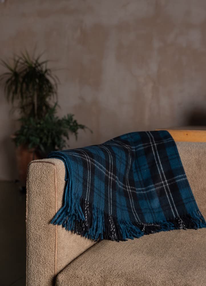 The Scotland Kilt Company Picnic Rug Scottish Tartan Throw in Ramsay Blue - Warm 100% Wool Travel Blanket with Fringed Edges - 60 x 70”