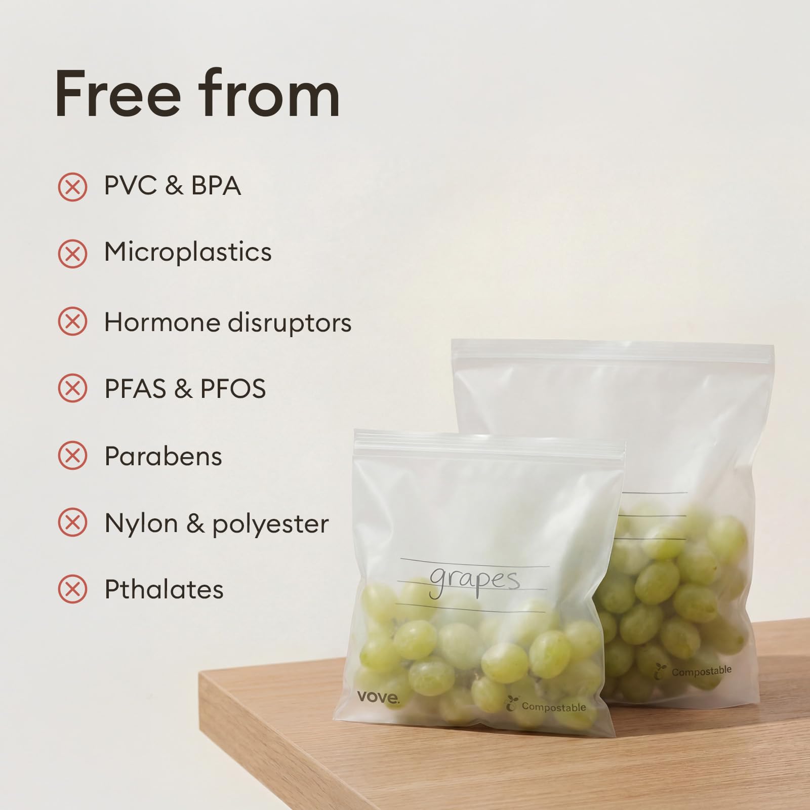 Vove Compostable Storage Bags 160 Count Variety Pack (S/M/L/XL), Plastic-Free Zip Bags for Food Storage and Meal Prep, PFAS-Free and BPI Certified, Freezer Safe Airtight Seal, Plant-Based