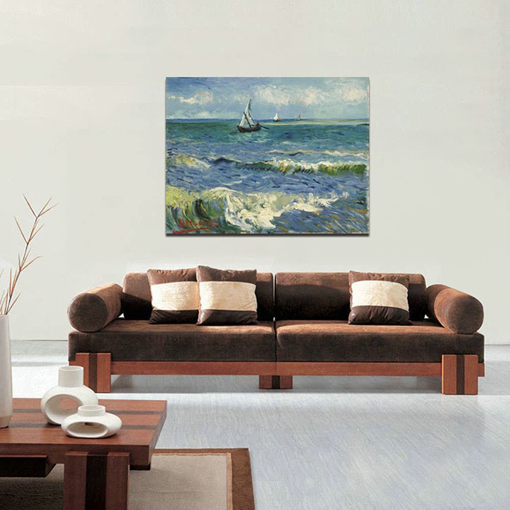 Wieco Art - Seascape at Saintes Maries by Vincent Van Gogh Oil Paintings Reproduction Classical Giclee Canvas Prints Artwork Ocean Pictures Paintings on Canvas Wall Art for Bedroom Home Decorations