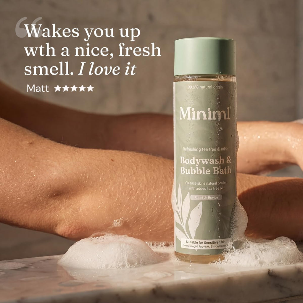 Miniml All Natural Body Wash and Bubble Bath - 5L Refill Moisturising Tea Tree and Mint Sensitive Skin Eco Shower Gel Bath Soak - Vegan Friendly Hand, Face & Body High Foam Scrub