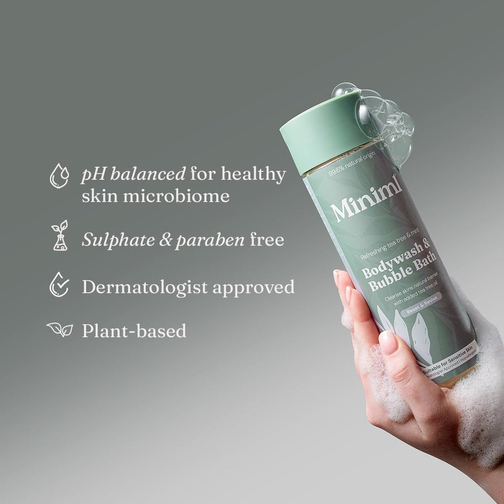 Miniml All Natural Body Wash and Bubble Bath - 5L Refill Moisturising Tea Tree and Mint Sensitive Skin Eco Shower Gel Bath Soak - Vegan Friendly Hand, Face & Body High Foam Scrub