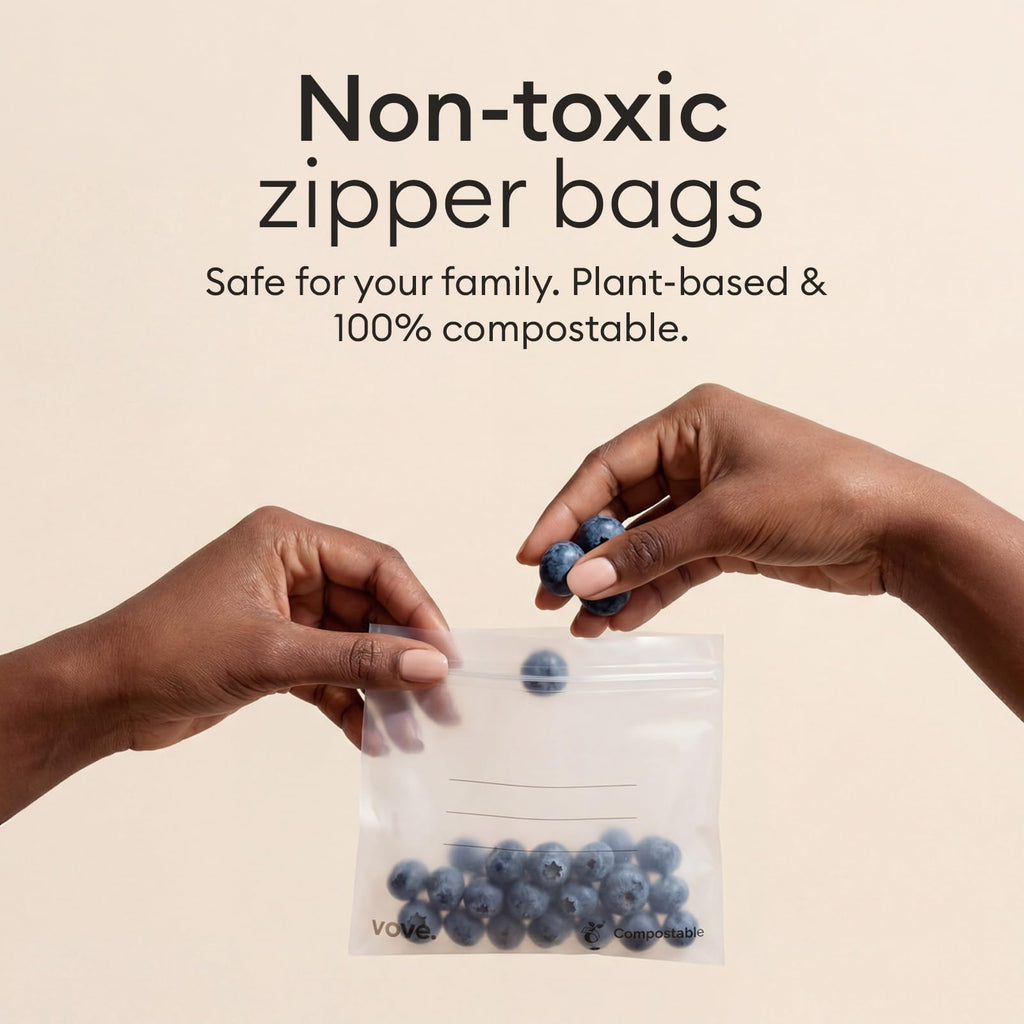 Vove Compostable Storage Bags 160 Count Variety Pack (S/M/L/XL), Plastic-Free Zip Bags for Food Storage and Meal Prep, PFAS-Free and BPI Certified, Freezer Safe Airtight Seal, Plant-Based