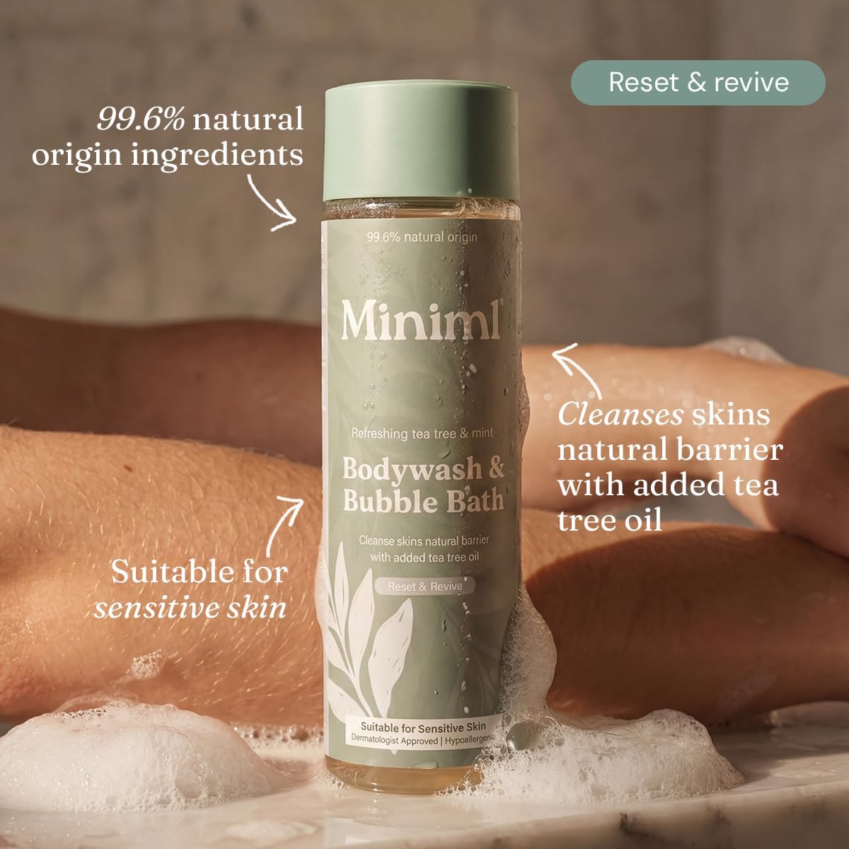 Miniml All Natural Body Wash and Bubble Bath - 5L Refill Moisturising Tea Tree and Mint Sensitive Skin Eco Shower Gel Bath Soak - Vegan Friendly Hand, Face & Body High Foam Scrub