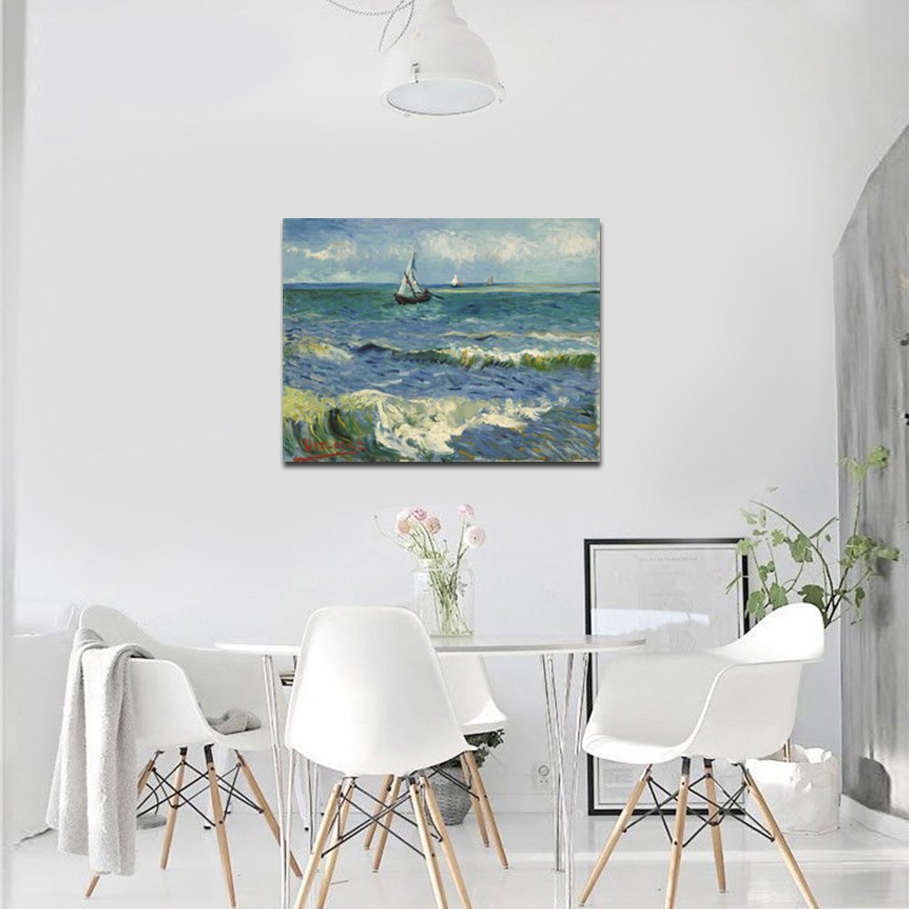 Wieco Art - Seascape at Saintes Maries by Vincent Van Gogh Oil Paintings Reproduction Classical Giclee Canvas Prints Artwork Ocean Pictures Paintings on Canvas Wall Art for Bedroom Home Decorations