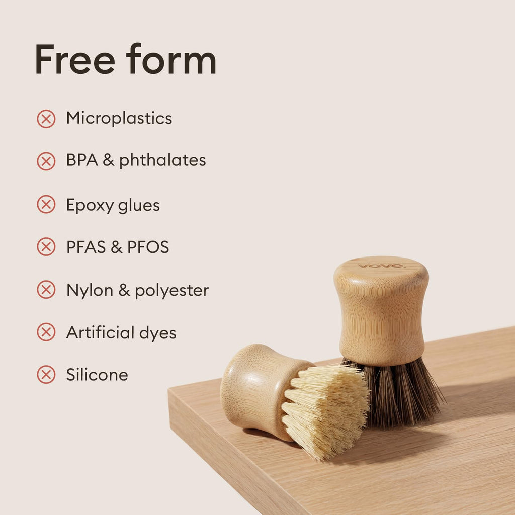 Vove Cleaning Essentials Set – Bamboo Washing Up Brush with Spare Head, 2 Scrub Brushes, 2 Washing Up Sponges – FSC Certified, Plastic-Free, Eco-Friendly – Natural Bristles & Loofah