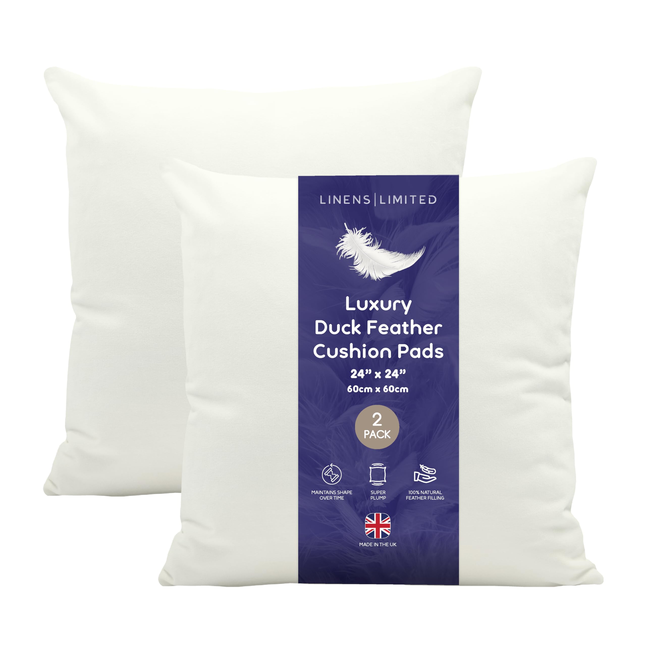 Linens Limited - Variety of sizes Natural Duck Feather Cushion Inserts, Soft & Plump Natural Duck Feather Sofa Cushion Pad, Elegant, Versatile, Easy to Clean, Large Square Cushion Inner, Perfectly Fits Covers (available 1, 2, 4 Pack).
