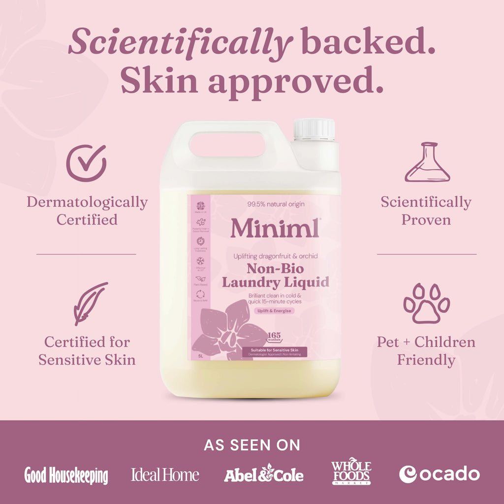 Miniml Laundry Liquid Washing Detergent 5L Refill - Natural Non Bio Pink Dragonfruit & Orchid Scented Clothes Fabric Cleaner for Machine or Delicate Hand Wash- 100% Vegan & Cruelty Free (165 Washes)