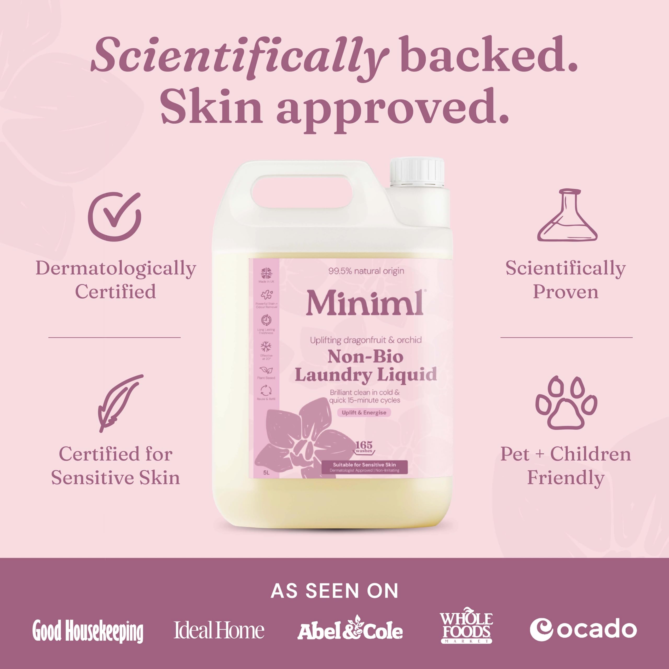 Miniml Laundry Liquid Washing Detergent 5L Refill - Natural Non Bio Pink Dragonfruit & Orchid Scented Clothes Fabric Cleaner for Machine or Delicate Hand Wash- 100% Vegan & Cruelty Free (165 Washes)