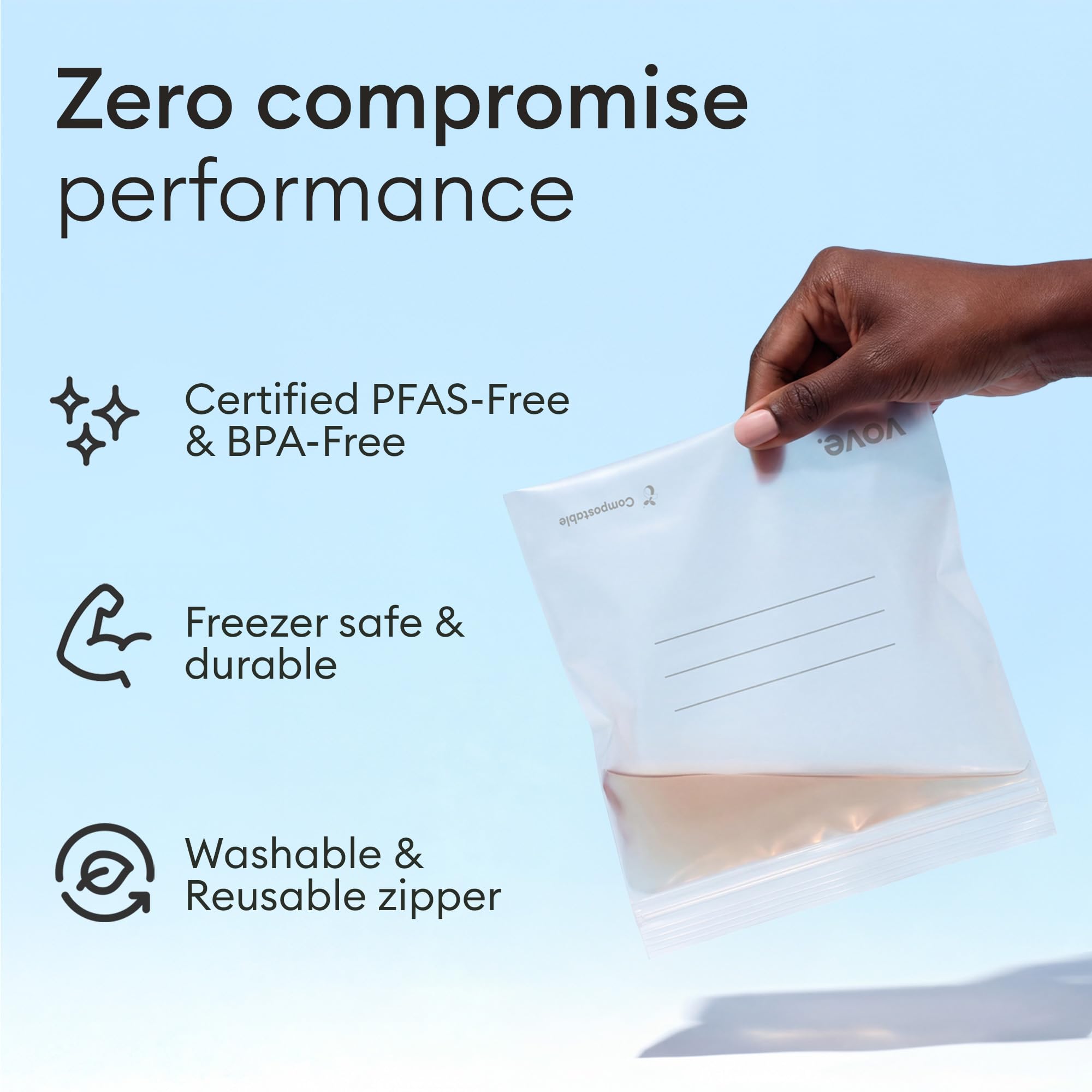 Vove Compostable Storage Bags 160 Count Variety Pack (S/M/L/XL), Plastic-Free Zip Bags for Food Storage and Meal Prep, PFAS-Free and BPI Certified, Freezer Safe Airtight Seal, Plant-Based
