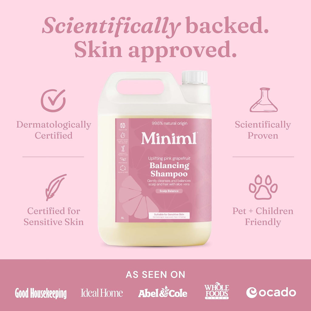 Miniml Natural Hair Shampoo Eco Friendly – 5L Refill Pink Grapefruit & Aloe Vera Men and Womens Sensitive Scalp & Skin Cruelty Free Vegan Shampoo - For Greasy, Curly, Dry and Dandruff Hair