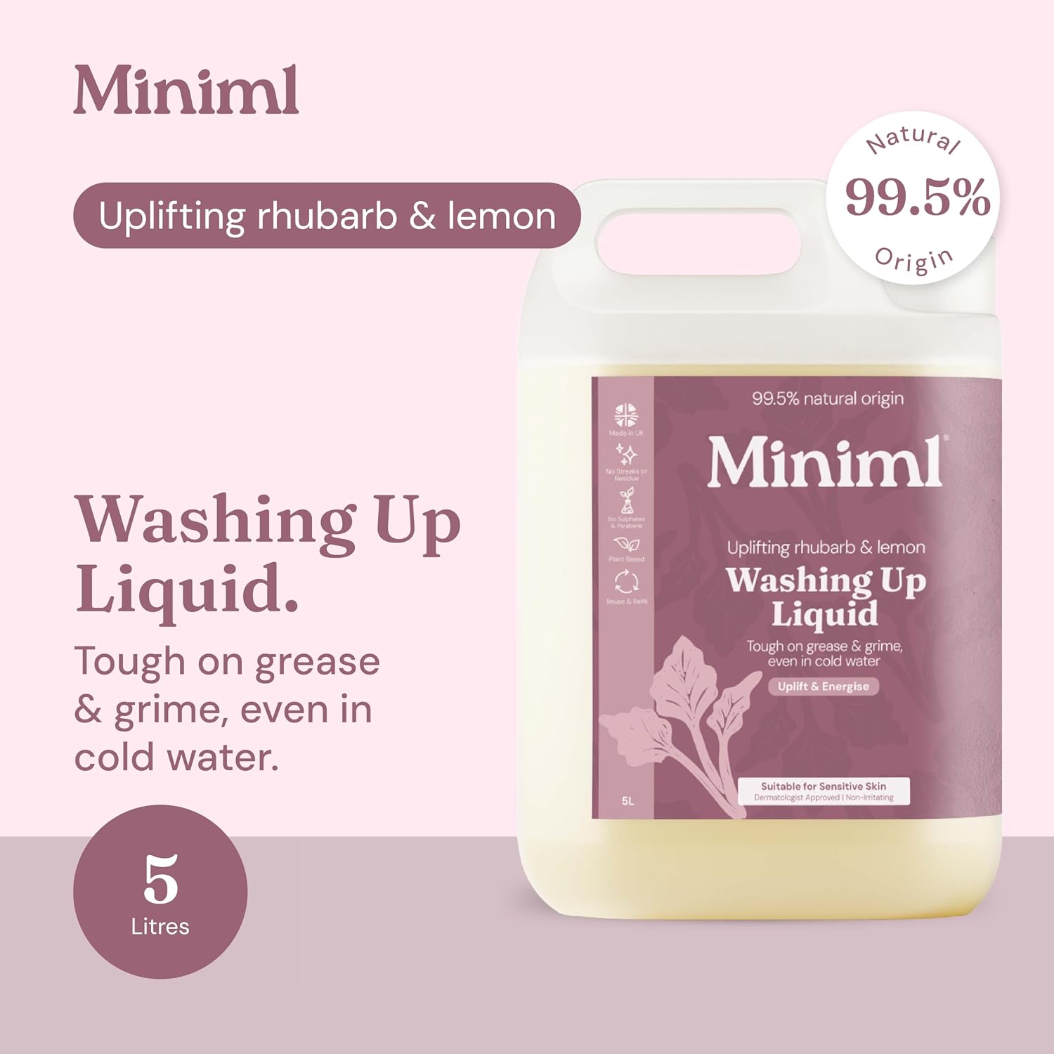 Miniml Eco Washing Up Liquid 5L Refill - Wild Rhubarb & Lemon Scented Non Bio & Skin Sensitive Friendly Dish Wash Cleaner Plant Based Vegan & Cruelty Free - Natural Cleaning Products (500 Washes)