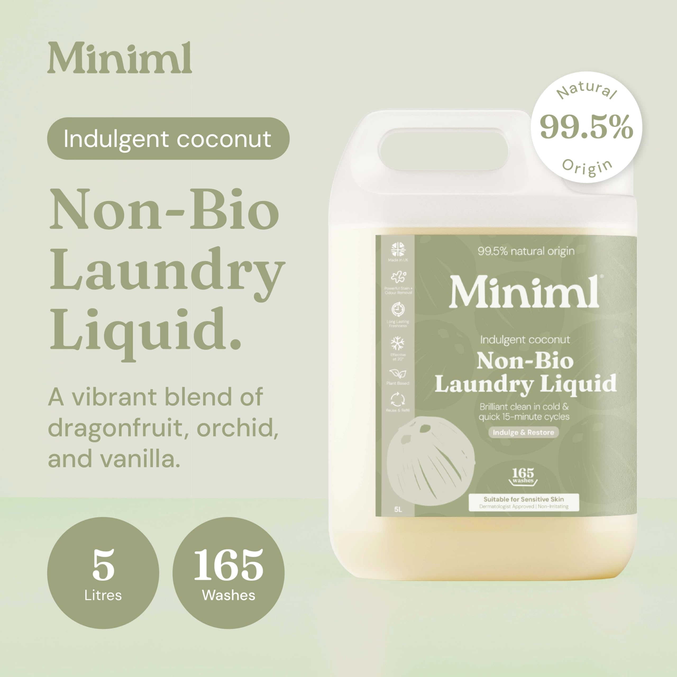 Miniml Laundry Liquid Washing Detergent 5L Refill - Natural Non Bio Pink Dragonfruit & Orchid Scented Clothes Fabric Cleaner for Machine or Delicate Hand Wash- 100% Vegan & Cruelty Free (165 Washes)