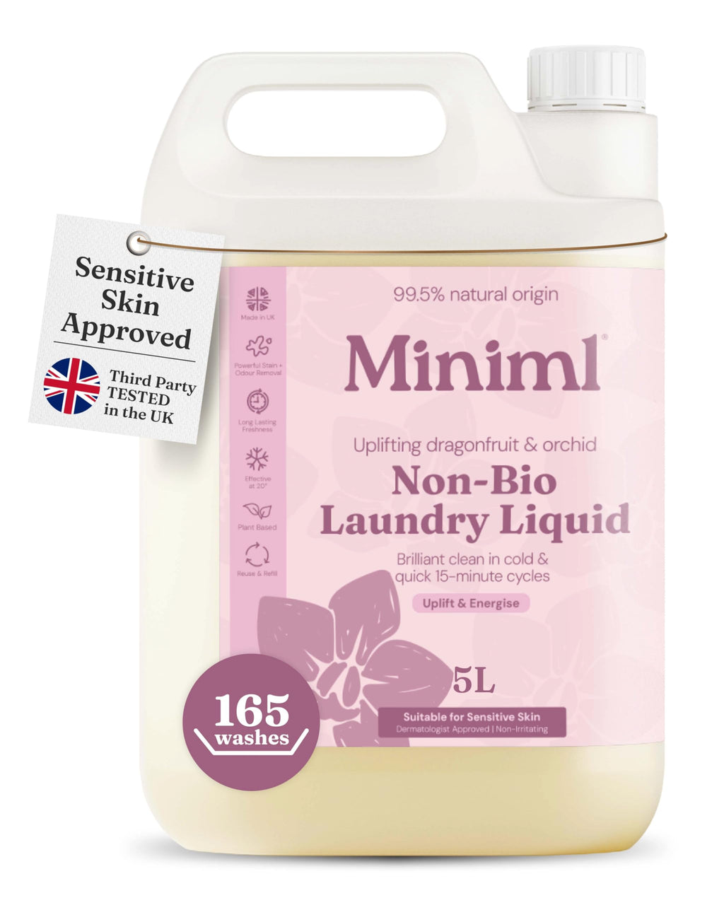 Miniml Laundry Liquid Washing Detergent 5L Refill - Natural Non Bio Pink Dragonfruit & Orchid Scented Clothes Fabric Cleaner for Machine or Delicate Hand Wash- 100% Vegan & Cruelty Free (165 Washes)
