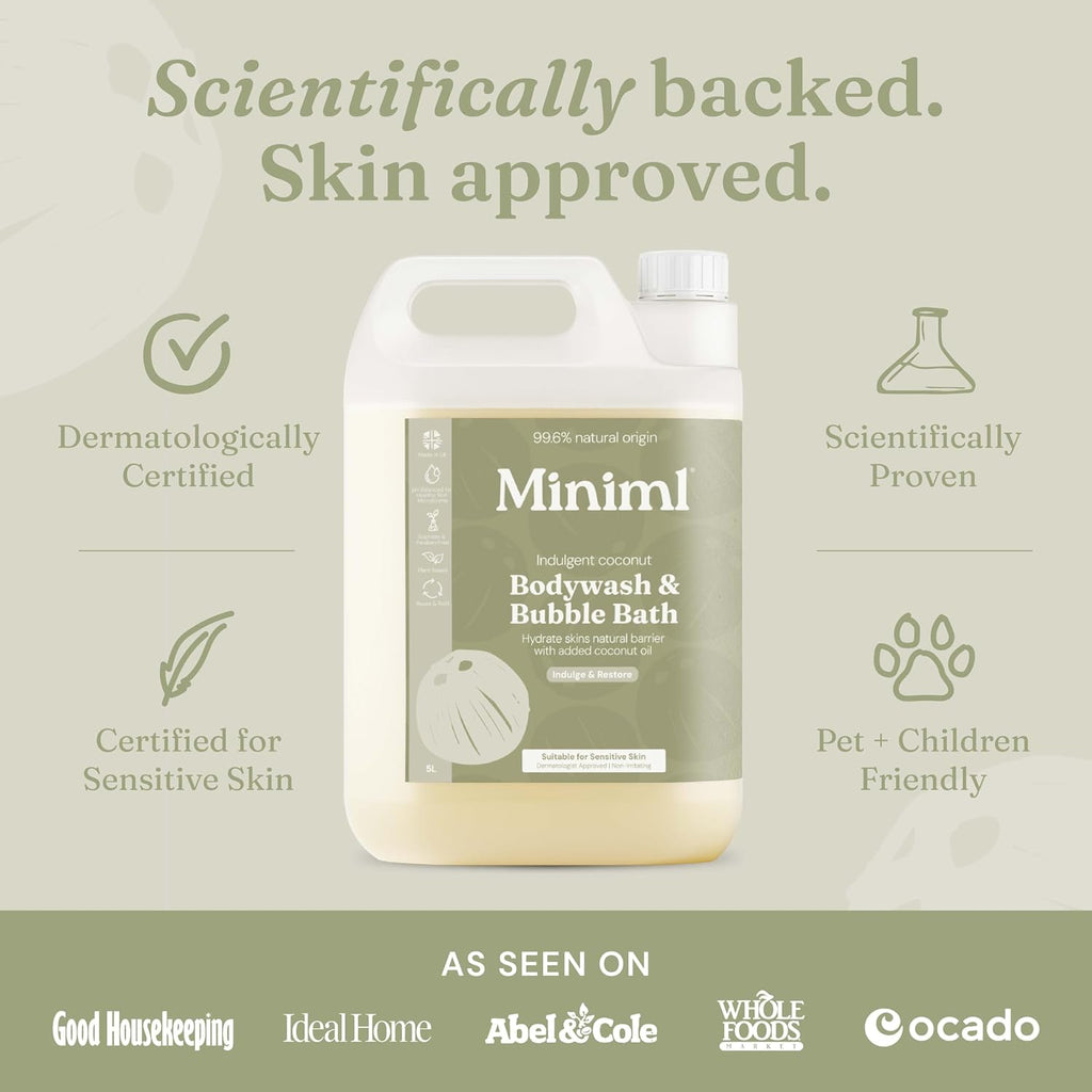 Miniml All Natural Body Wash and Bubble Bath - 5L Refill Moisturising Tea Tree and Mint Sensitive Skin Eco Shower Gel Bath Soak - Vegan Friendly Hand, Face & Body High Foam Scrub