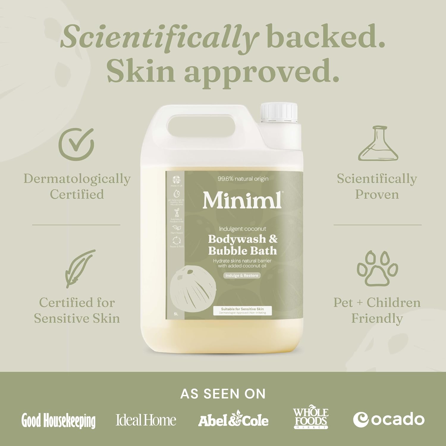 Miniml All Natural Body Wash and Bubble Bath - 5L Refill Moisturising Tea Tree and Mint Sensitive Skin Eco Shower Gel Bath Soak - Vegan Friendly Hand, Face & Body High Foam Scrub