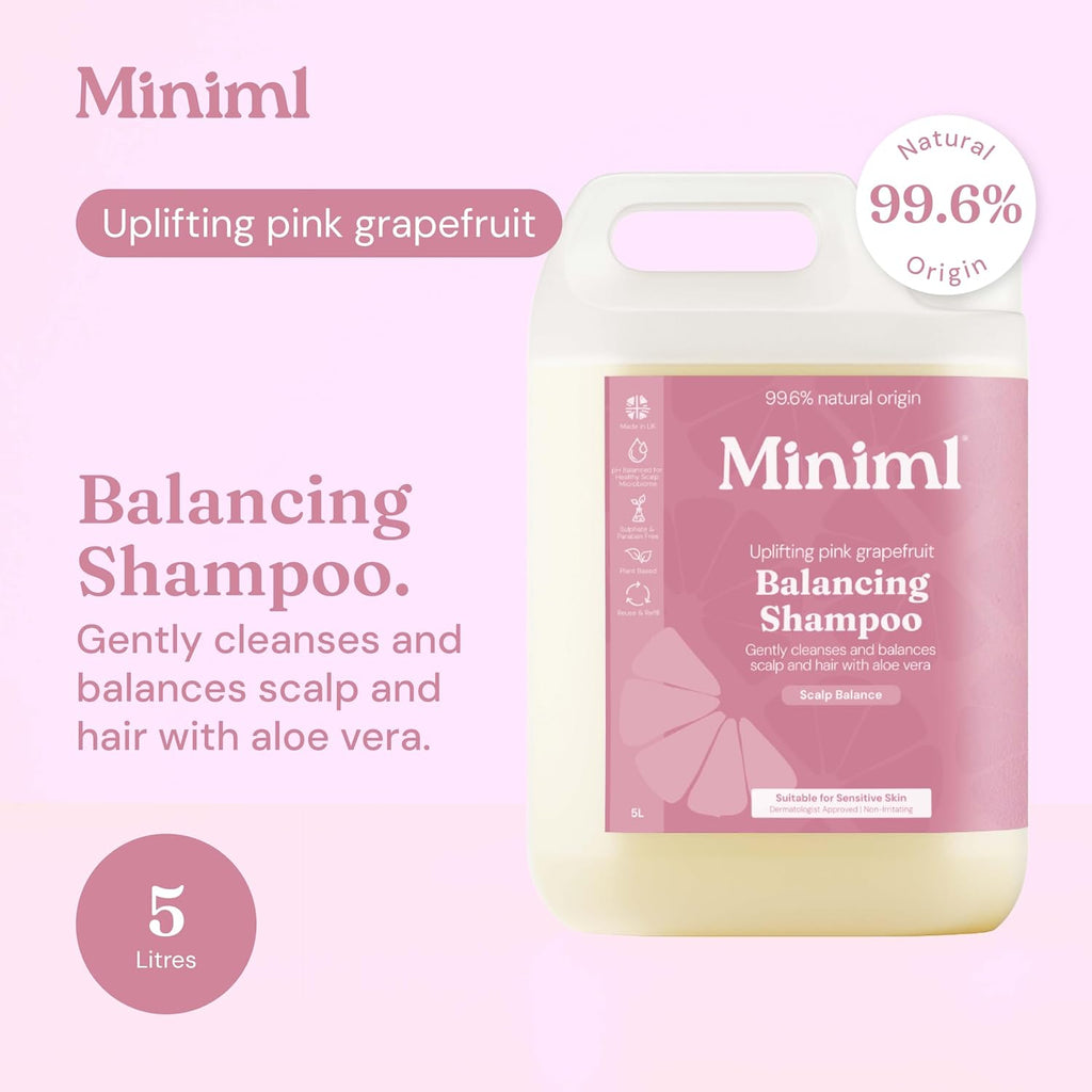 Miniml Natural Hair Shampoo Eco Friendly – 5L Refill Pink Grapefruit & Aloe Vera Men and Womens Sensitive Scalp & Skin Cruelty Free Vegan Shampoo - For Greasy, Curly, Dry and Dandruff Hair