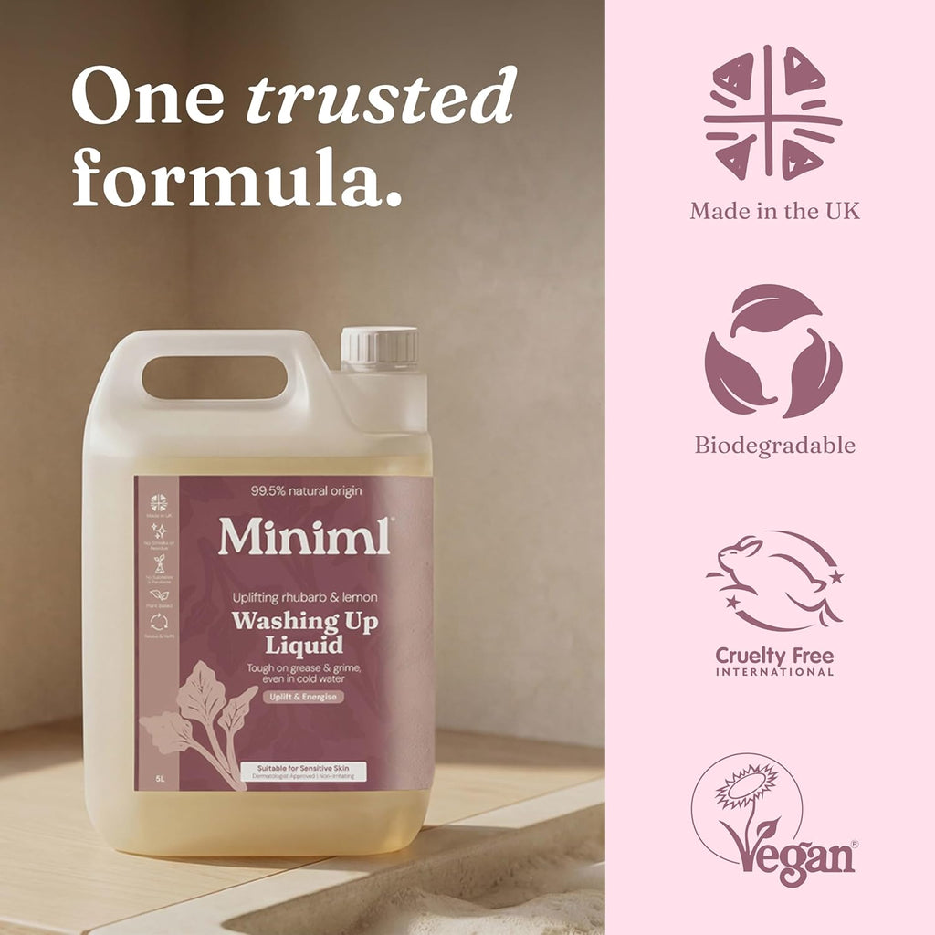 Miniml Eco Washing Up Liquid 5L Refill - Wild Rhubarb & Lemon Scented Non Bio & Skin Sensitive Friendly Dish Wash Cleaner Plant Based Vegan & Cruelty Free - Natural Cleaning Products (500 Washes)