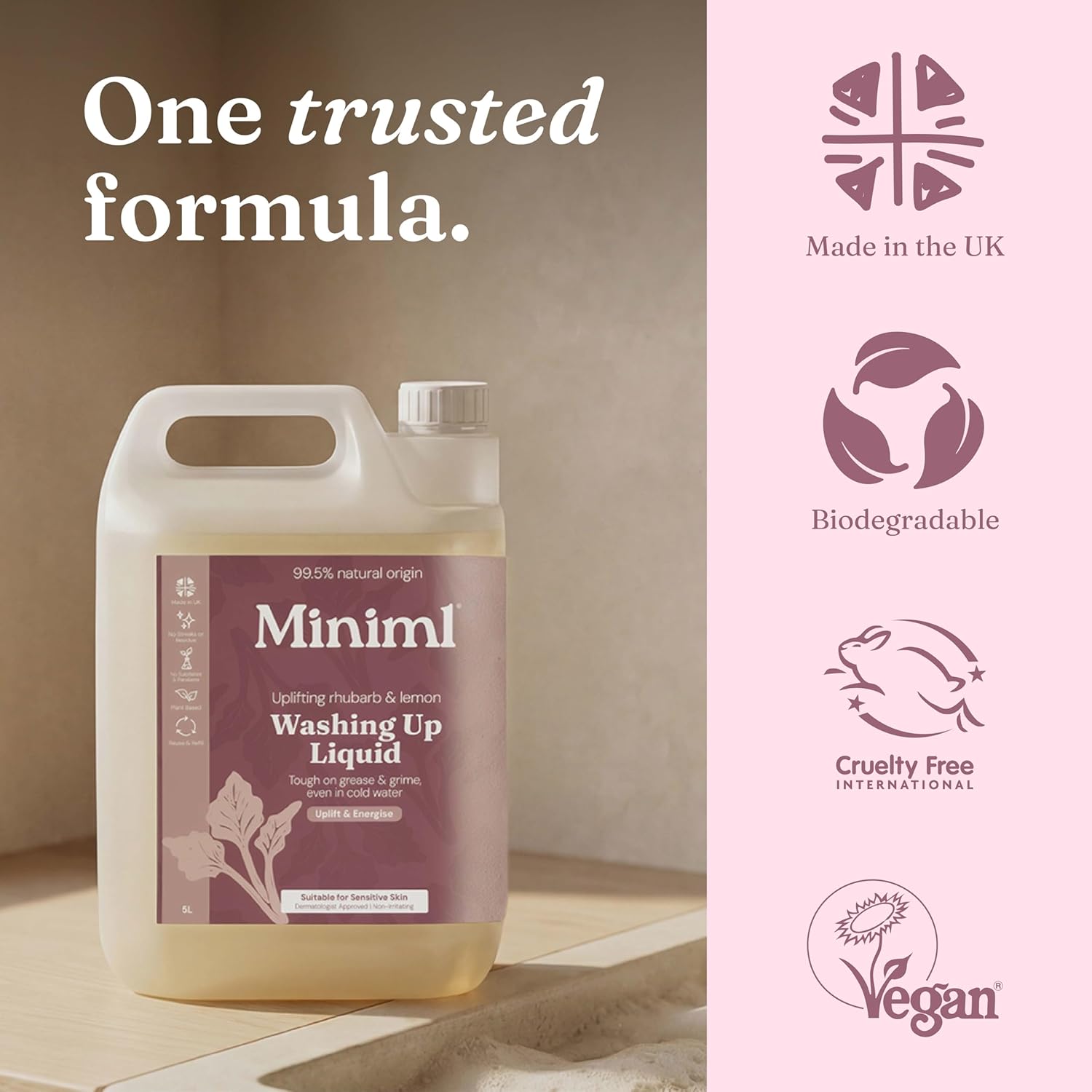 Miniml Eco Washing Up Liquid 5L Refill - Wild Rhubarb & Lemon Scented Non Bio & Skin Sensitive Friendly Dish Wash Cleaner Plant Based Vegan & Cruelty Free - Natural Cleaning Products (500 Washes)