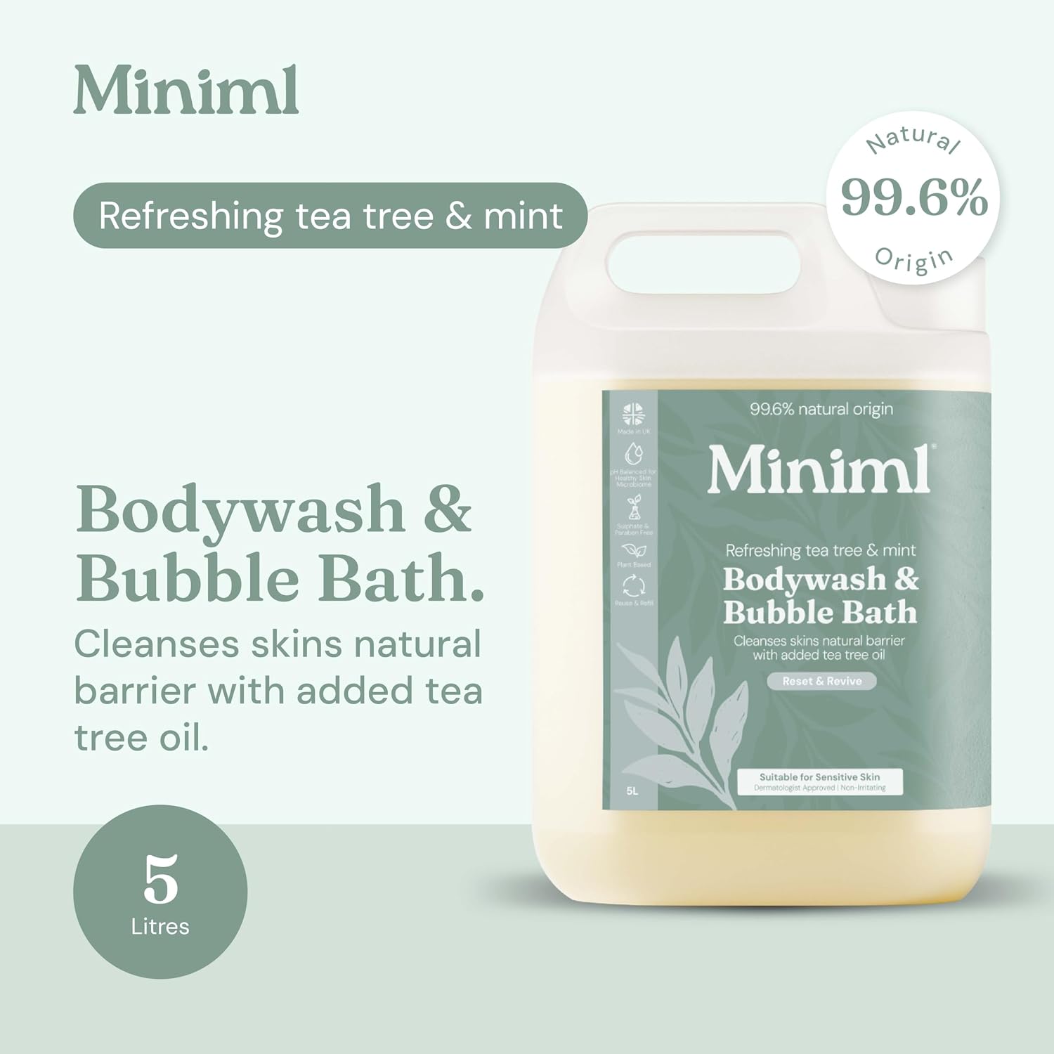 Miniml All Natural Body Wash and Bubble Bath - 5L Refill Moisturising Tea Tree and Mint Sensitive Skin Eco Shower Gel Bath Soak - Vegan Friendly Hand, Face & Body High Foam Scrub