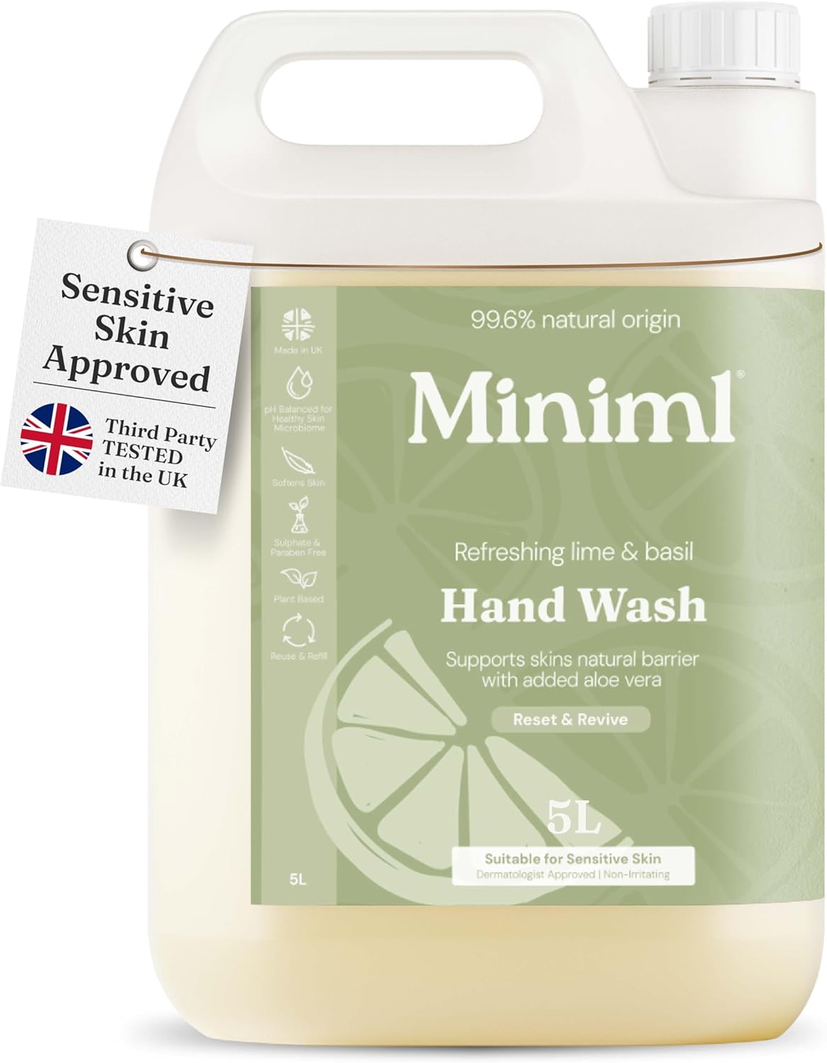 Miniml Hand Soap Wash Liquid 5L Refill - Lime, Basil & Mandarin Infused Hand, Skin & Body Wash Gel for Soft and Sensitive Skin Care - 100% Vegan & Cruelty Free