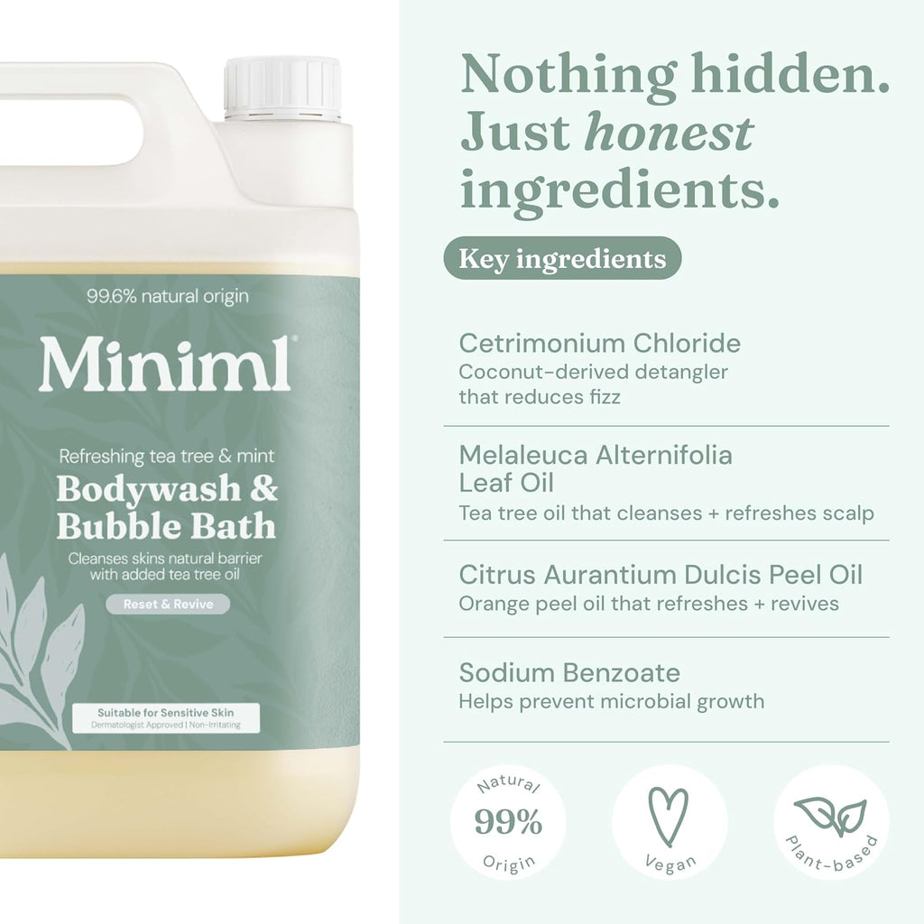 Miniml All Natural Body Wash and Bubble Bath - 5L Refill Moisturising Tea Tree and Mint Sensitive Skin Eco Shower Gel Bath Soak - Vegan Friendly Hand, Face & Body High Foam Scrub
