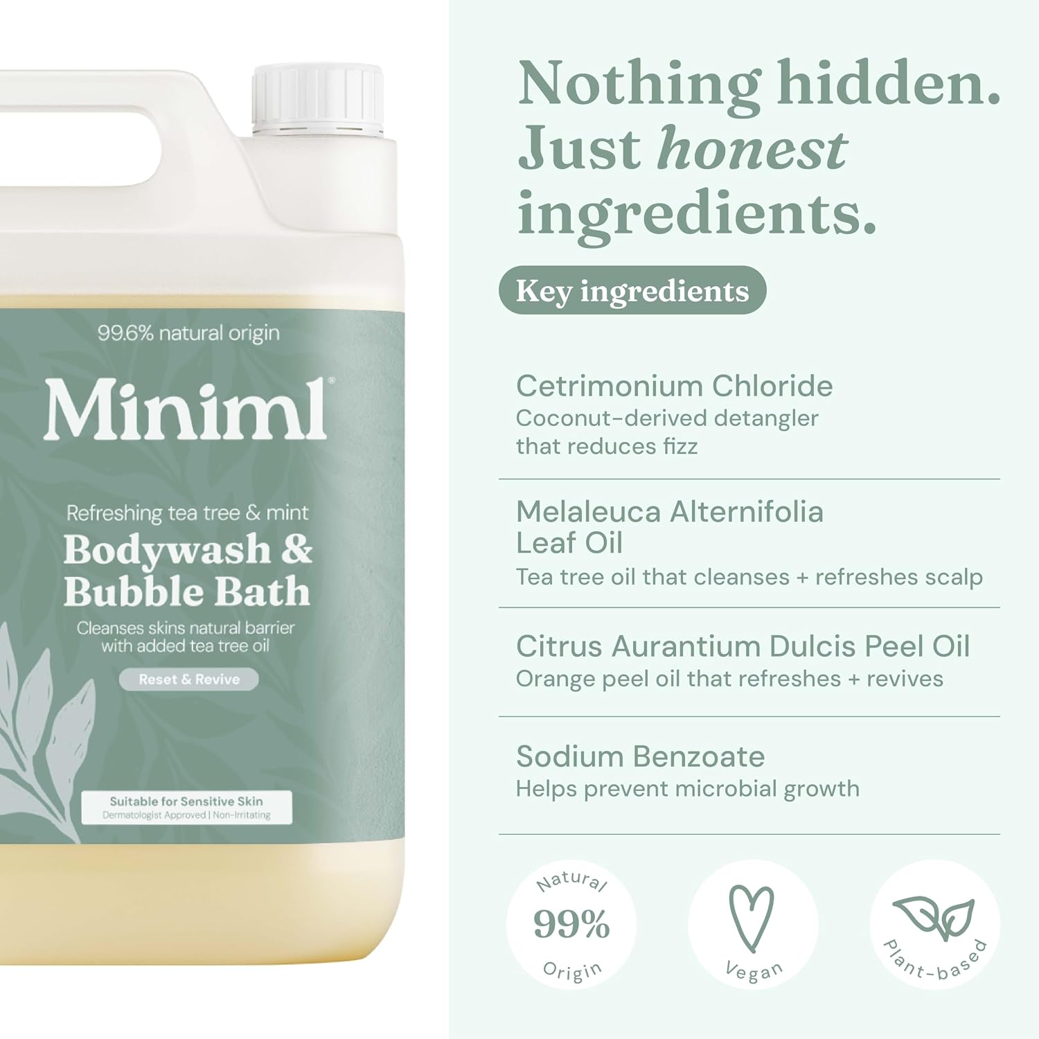 Miniml All Natural Body Wash and Bubble Bath - 5L Refill Moisturising Tea Tree and Mint Sensitive Skin Eco Shower Gel Bath Soak - Vegan Friendly Hand, Face & Body High Foam Scrub