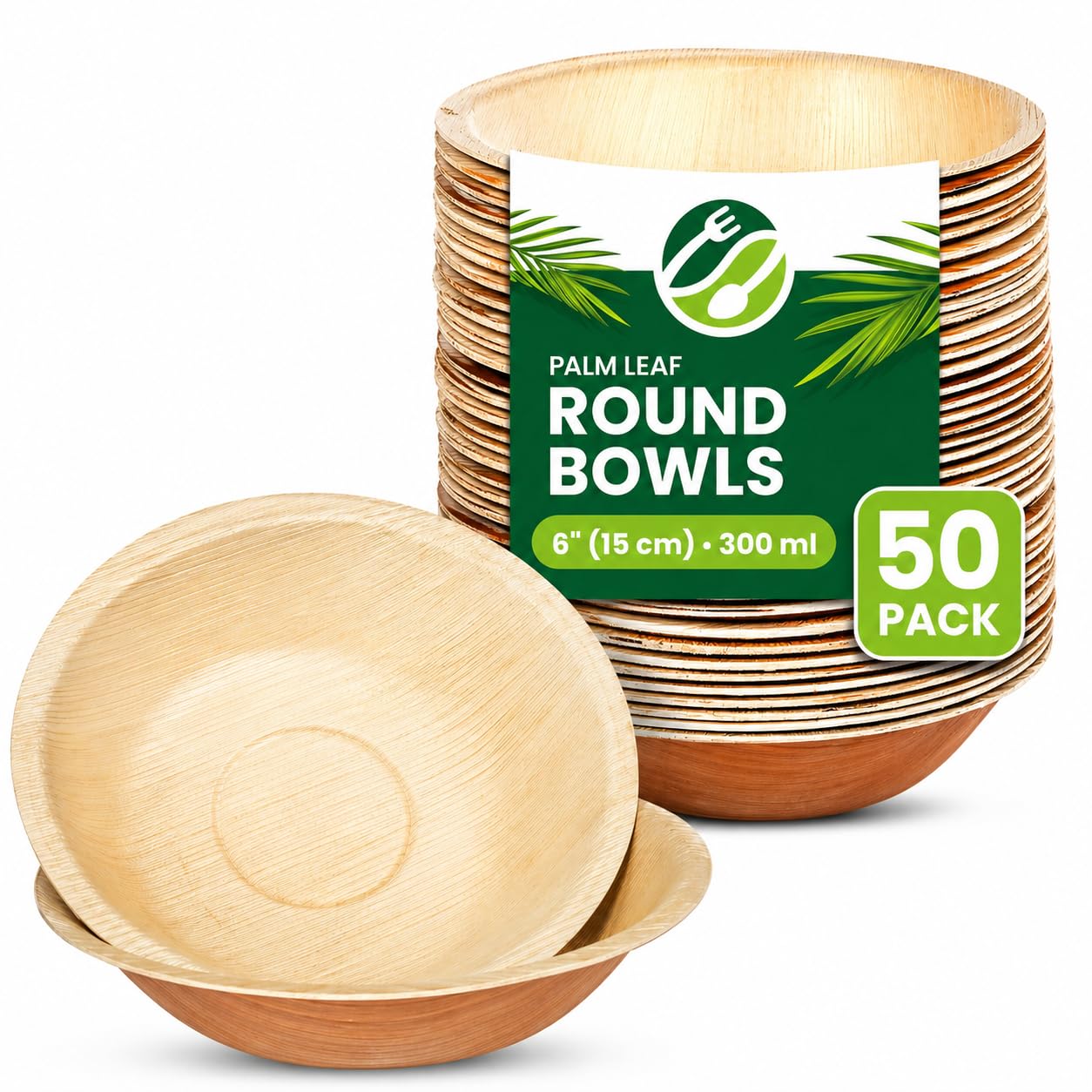 ECO Leaf 50 Disposable Palm Leaf Bowls | 8”(20cm) Round Compostable Dinner Bowls | Eco-Friendly, Biodegradable Heavy-Duty Bowl for Wedding, Party and Picnic | Microwave & Oven Safe, Pack of 50
