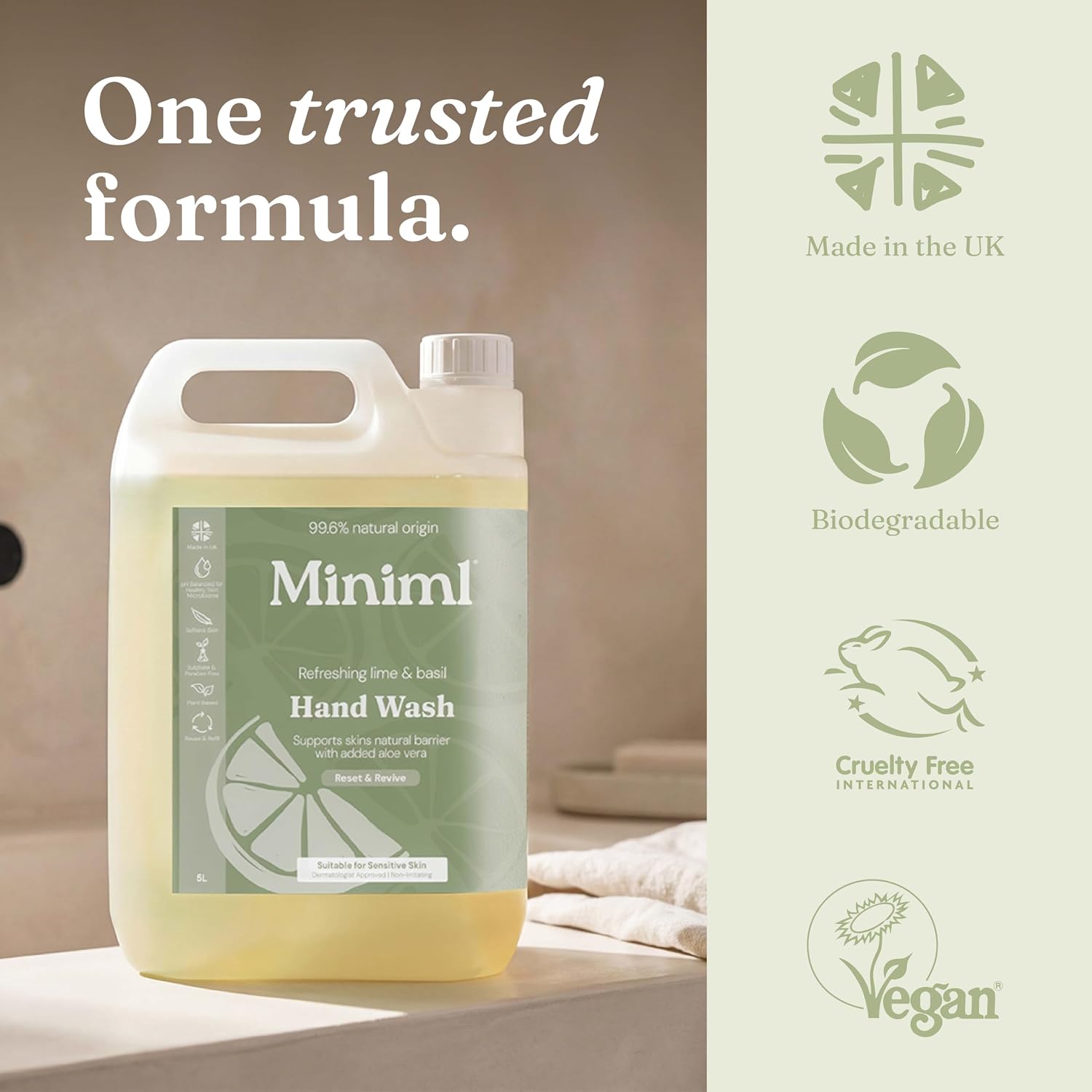 Miniml Hand Soap Wash Liquid 5L Refill - Lime, Basil & Mandarin Infused Hand, Skin & Body Wash Gel for Soft and Sensitive Skin Care - 100% Vegan & Cruelty Free