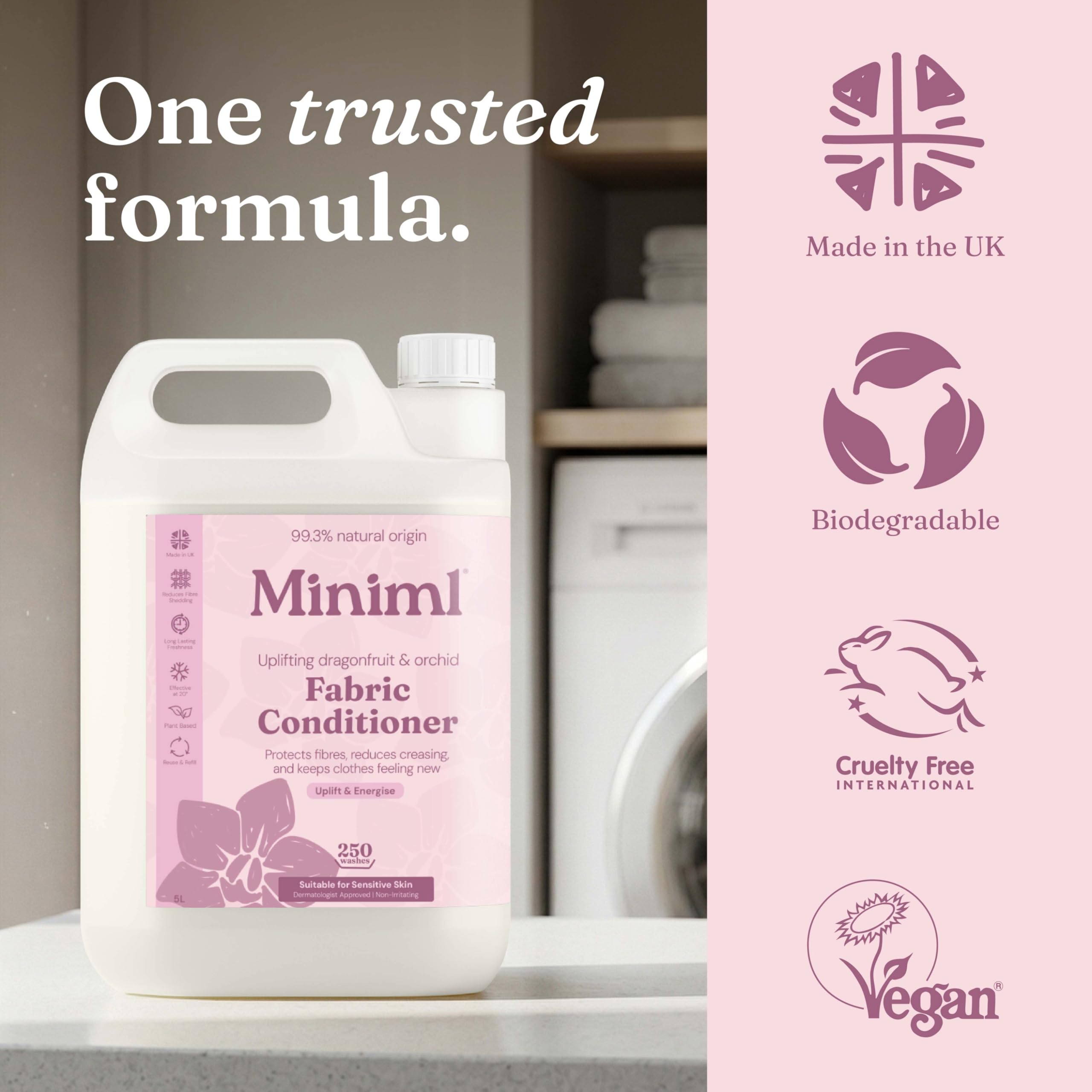 Miniml Natural Fabric Softener & Conditioner 5L Refill - Pink Dragonfruit & Orchid Scented All Natural Fabric Softener for Sensitive Skin - 100% Vegan & Cruelty Free (250 Washes)