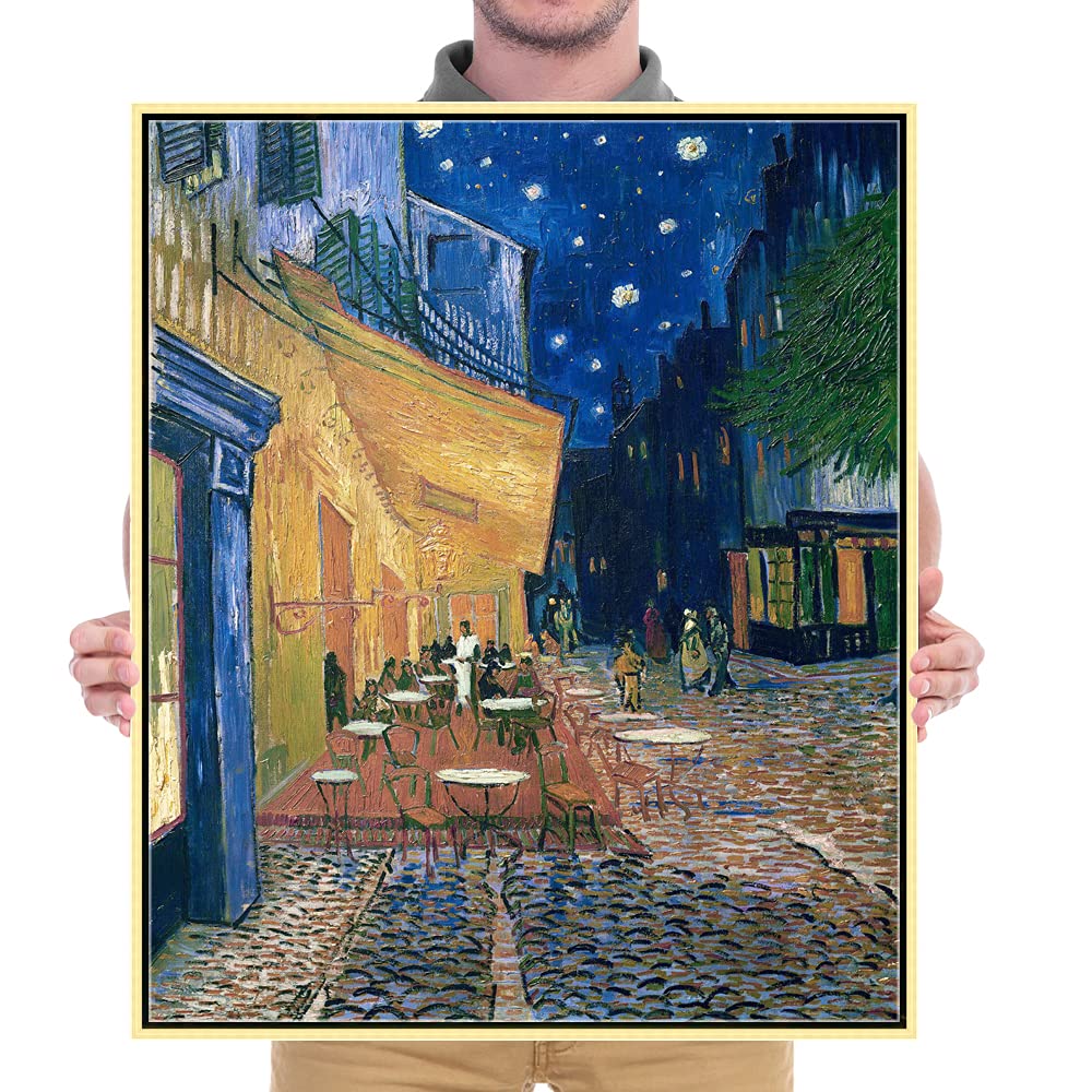 Wieco Art Framed Art Canvas Prints of Cafe Terrace at Night Canvas Prints Wall Art by Van Gogh Paintings Reproduction Abstract Artwork for Wall Decor Golden Frame