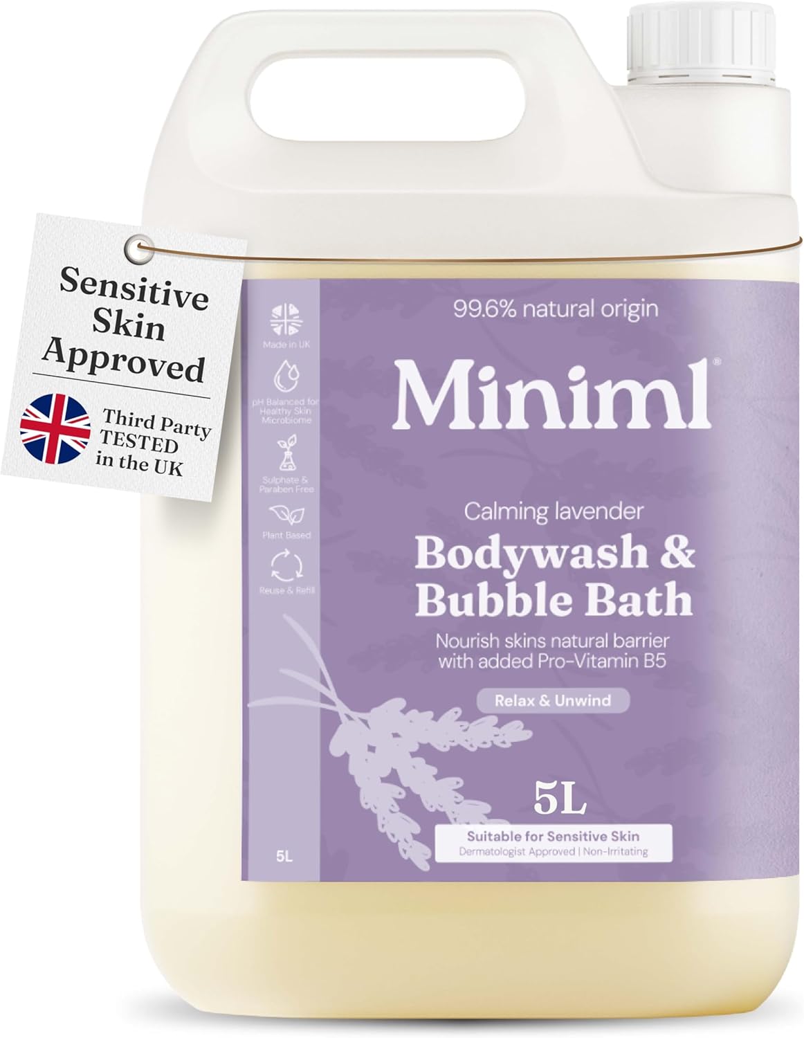 Miniml All Natural Body Wash and Bubble Bath - 5L Refill Moisturising Tea Tree and Mint Sensitive Skin Eco Shower Gel Bath Soak - Vegan Friendly Hand, Face & Body High Foam Scrub