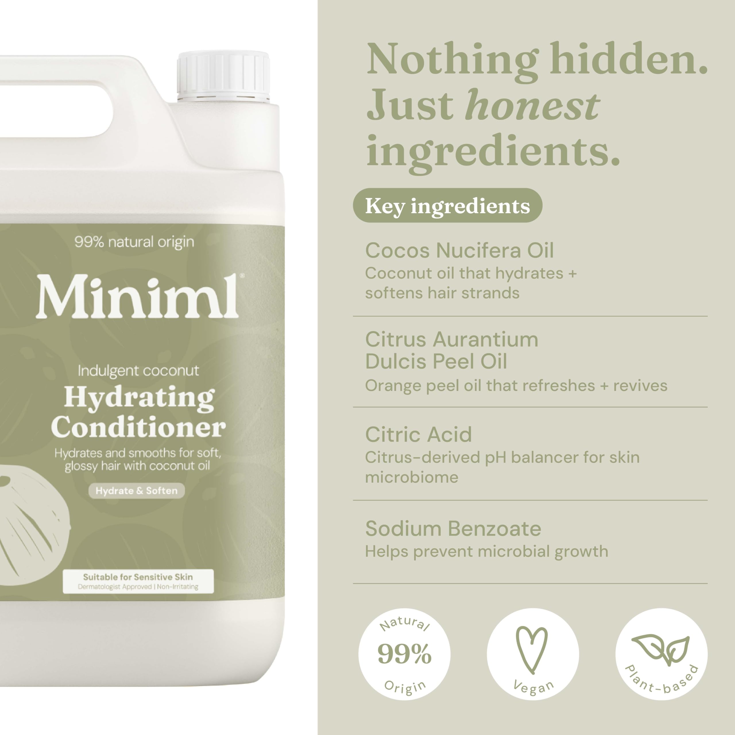 Miniml Natural Hair Conditioner Eco Friendly - Refill Nourishing Coconut Men and Womens Sensitive Scalp & Skin Cruelty Free Vegan Formula - For Greasy, Curly, Dry Hair, 5L (Pack of 1)