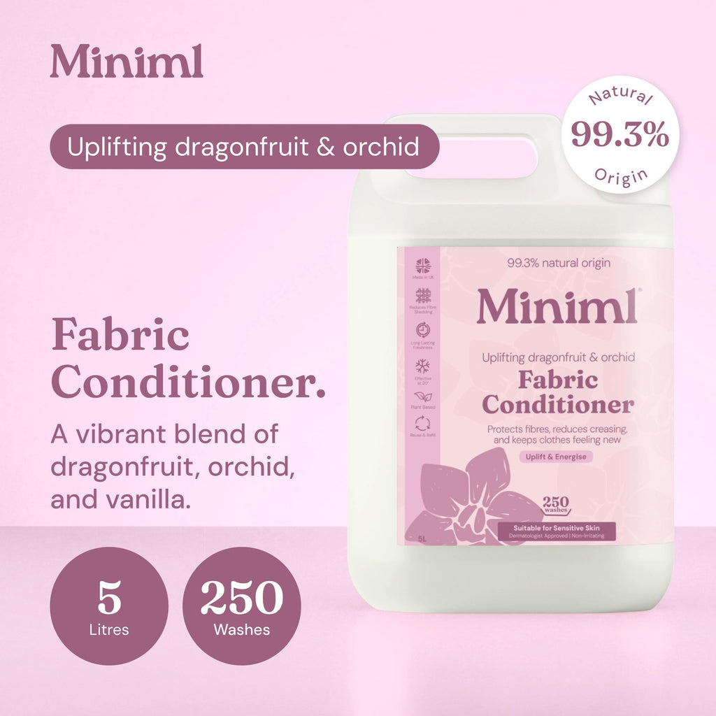Miniml Natural Fabric Softener & Conditioner 5L Refill - Pink Dragonfruit & Orchid Scented All Natural Fabric Softener for Sensitive Skin - 100% Vegan & Cruelty Free (250 Washes)