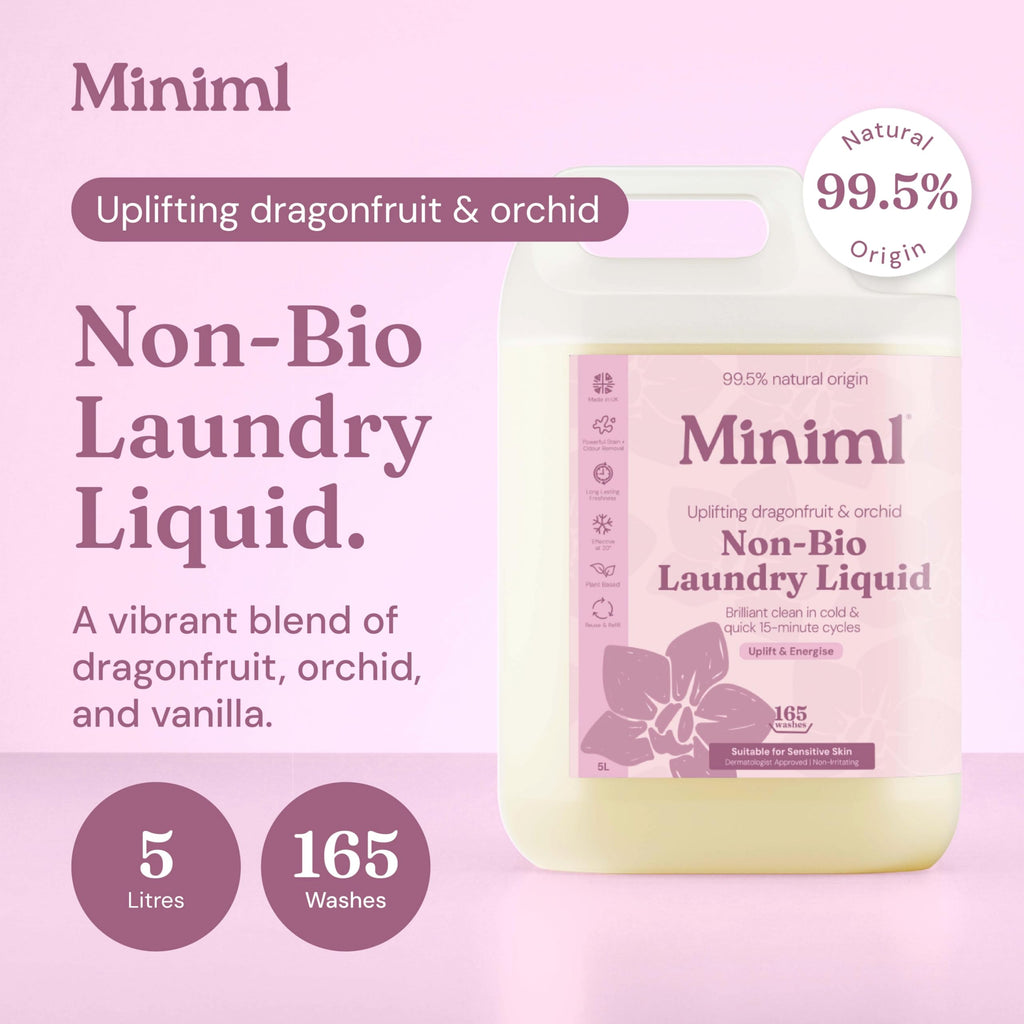 Miniml Laundry Liquid Washing Detergent 5L Refill - Natural Non Bio Pink Dragonfruit & Orchid Scented Clothes Fabric Cleaner for Machine or Delicate Hand Wash- 100% Vegan & Cruelty Free (165 Washes)