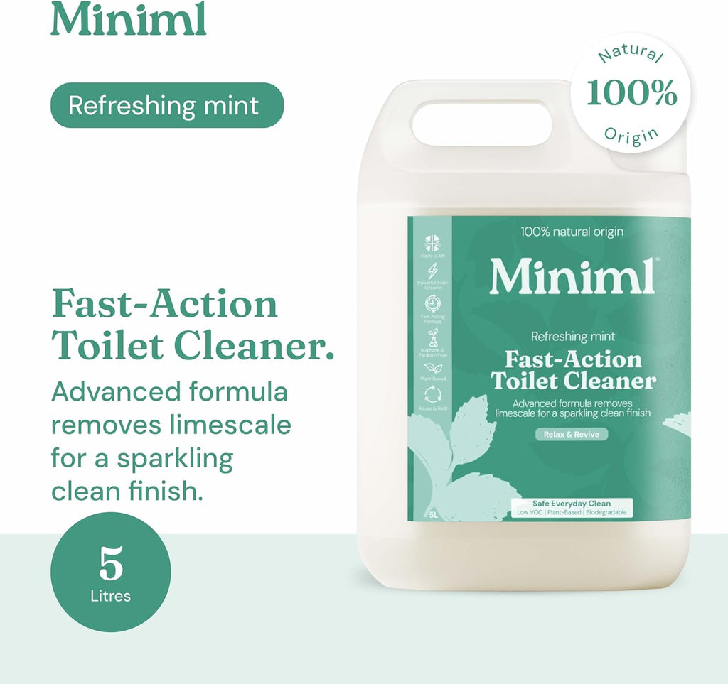 Miniml Eco Toilet Cleaner Spearmint & Peppermint 5L Refill - All Natural Limescale Remover, Descaler and Heavy Duty Refill Rim & Bowl Cleaning Liquid Antibacterial Bleach - 100% Vegan & Cruelty Free