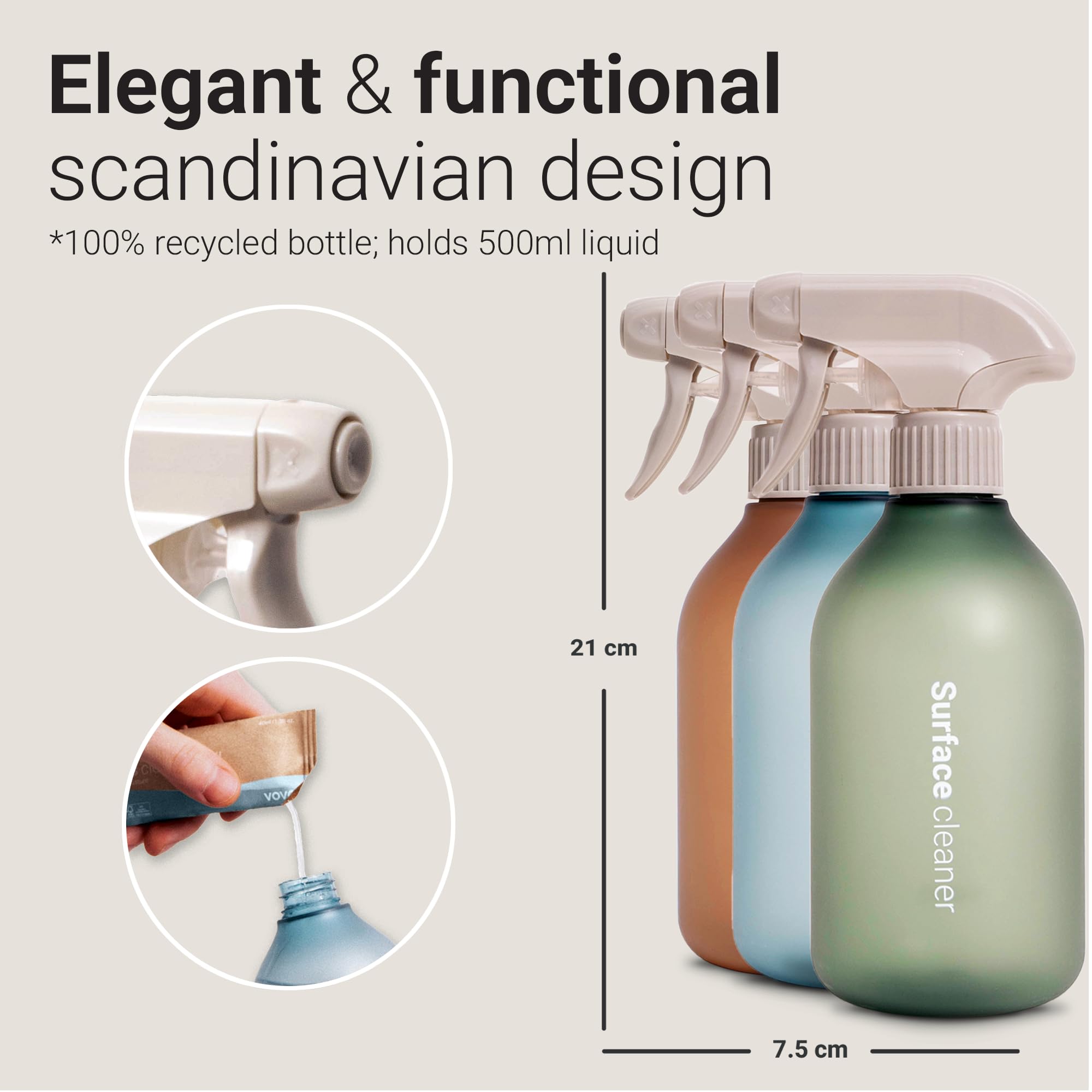 Vove | Premium Reusable Cleaner Bottles | 3 pack | 100% Recycled bottle | Leakproof Trigger Sprayer | Scandi design | Eco-Friendly | Long Lasting | 500ml / 17fl oz | For Cleaning