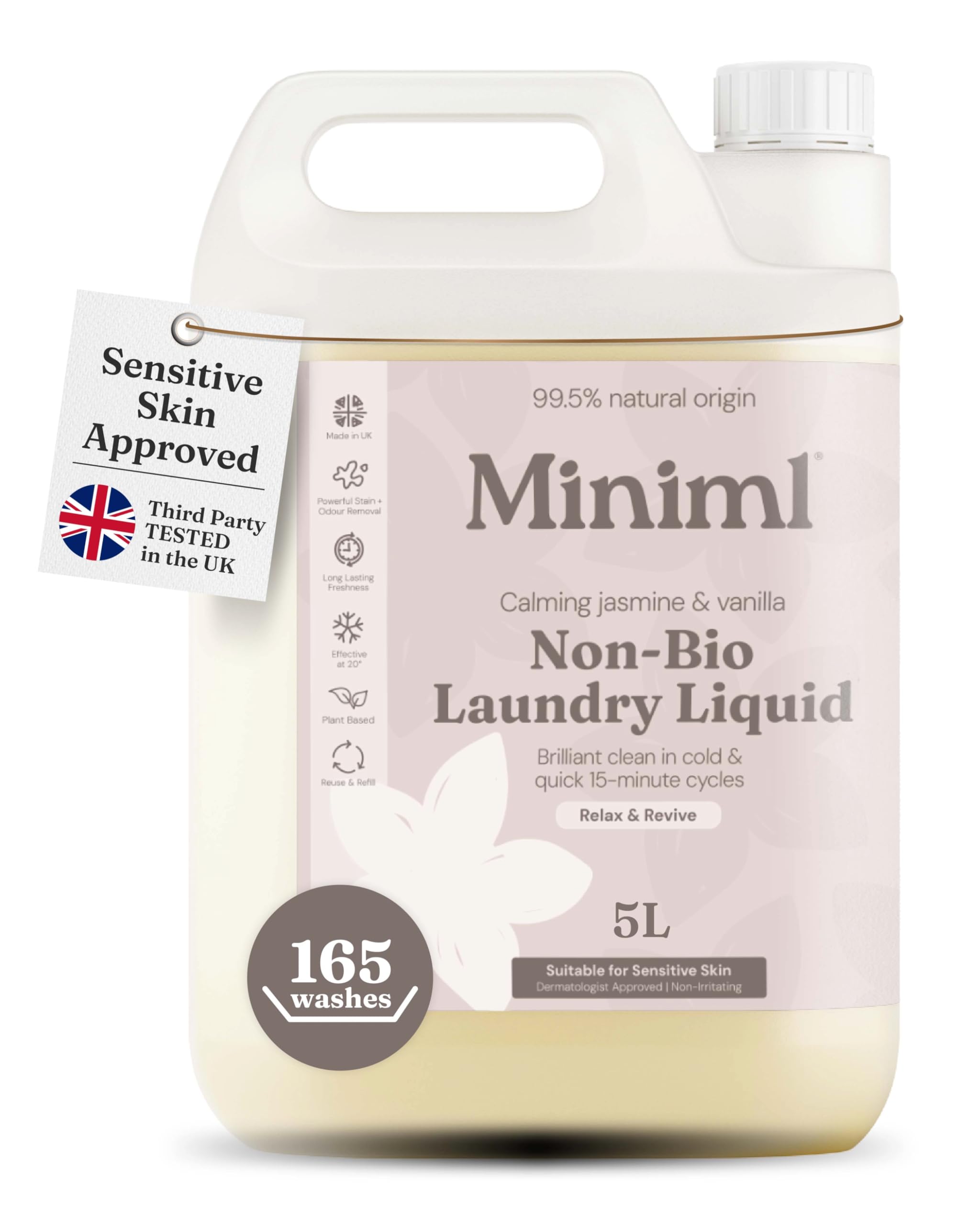 Miniml Laundry Liquid Washing Detergent 5L Refill - Natural Non Bio Pink Dragonfruit & Orchid Scented Clothes Fabric Cleaner for Machine or Delicate Hand Wash- 100% Vegan & Cruelty Free (165 Washes)