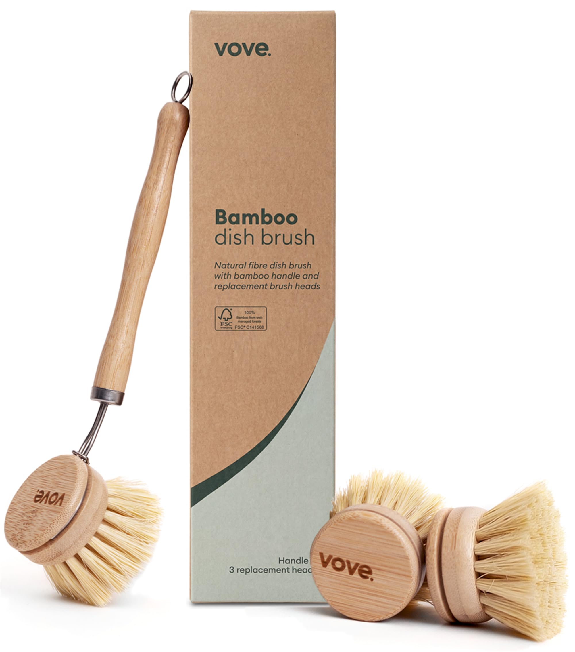 Vove Bamboo Washing Up Brush with 3 Replacement Heads, Plastic-Free Kitchen Scrubbing Brush for Pots Pans and Dishes, FSC-Certified Bamboo Handle with Natural Fibre Bristles, Non-Toxic Zero-Waste