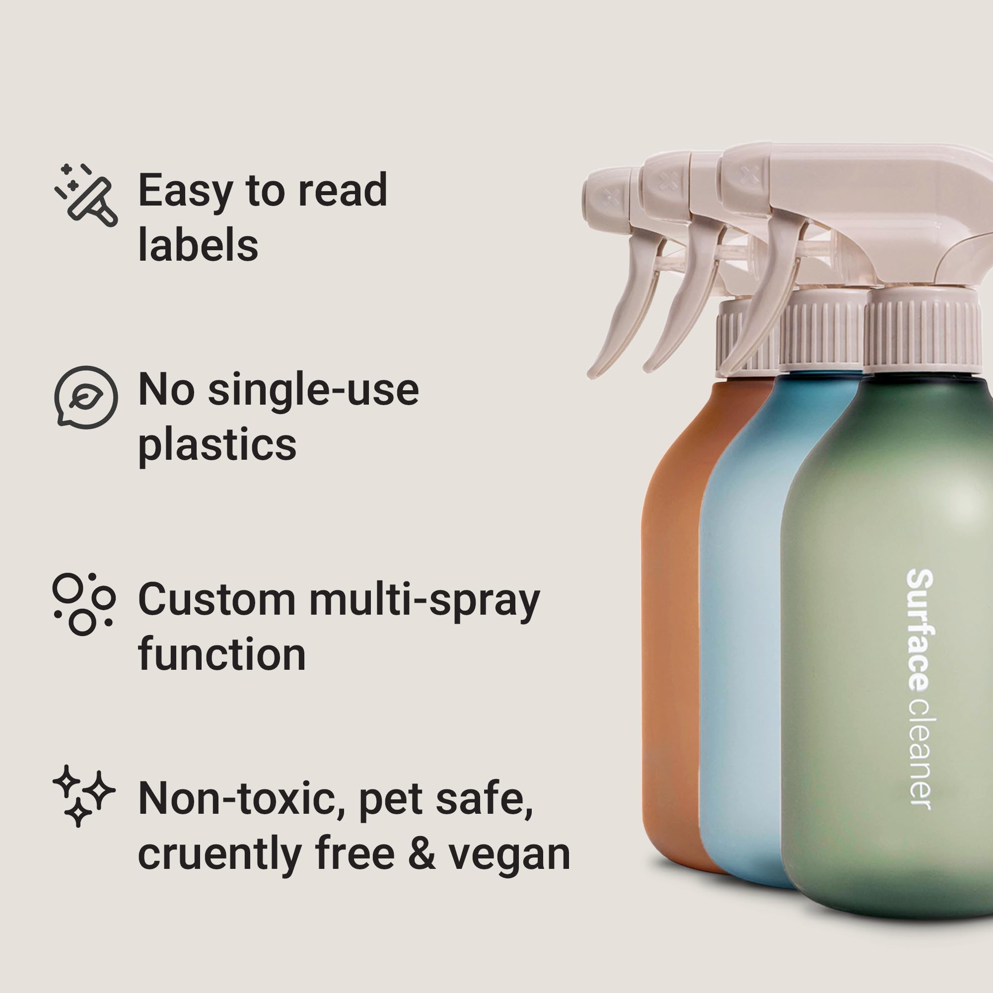 Vove | Premium Reusable Cleaner Bottles | 3 pack | 100% Recycled bottle | Leakproof Trigger Sprayer | Scandi design | Eco-Friendly | Long Lasting | 500ml / 17fl oz | For Cleaning