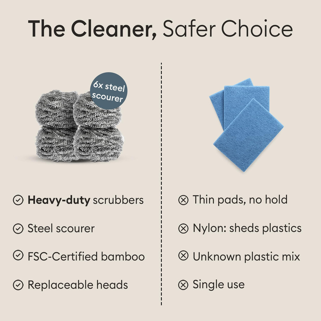 Vove Magnetic Scourer – Rust-Free Stainless Steel Scrubber with FSC-Certified Bamboo Handle, 3 Replacement Pads, for Cast Iron, Pots & Pans, Plastic-Free Zero Waste Washing Up Tool